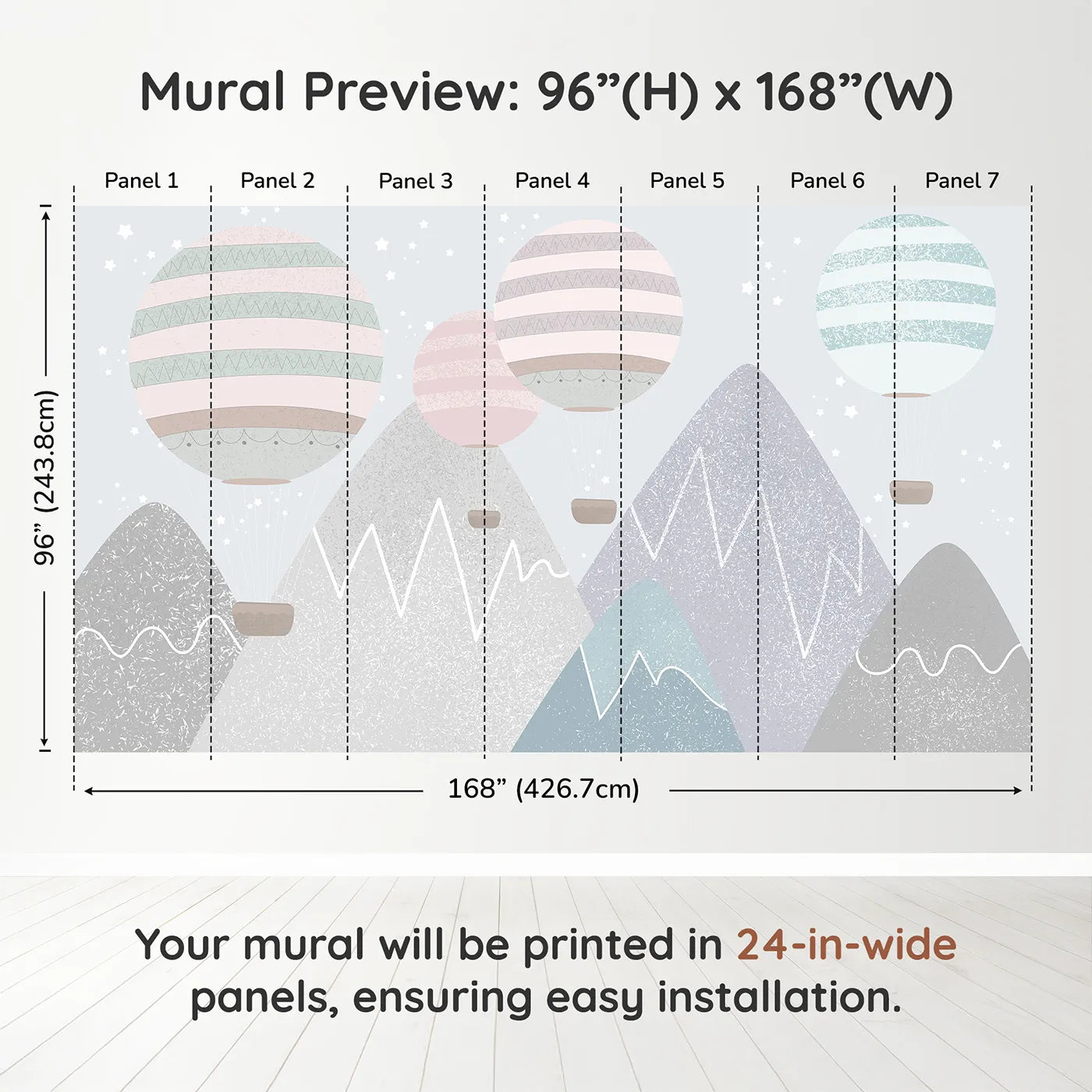 Whimsy Tots Textured Mountain Balloons Wall Muraldimension view (96" H x 168" W). Printed in seven 24-inch-wide panels. Gender-Neutral