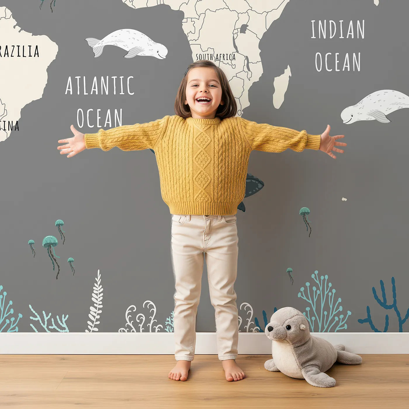 Child in front of Whimsy Tots Vintage Whale Watcher World Map Wall Mural with map, world, whale, vintage, ocean, sea, airplane, animal in design.