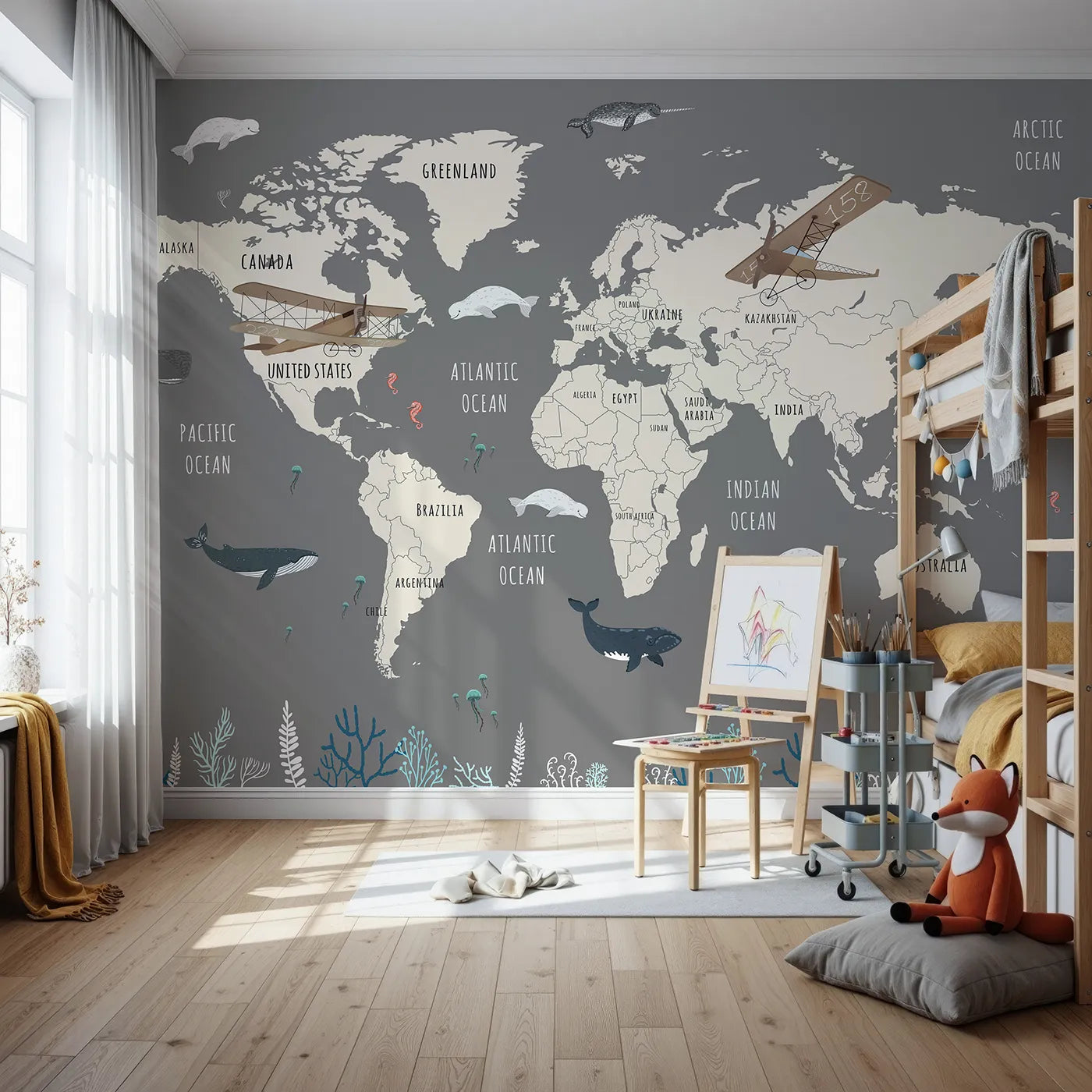 Front view of Whimsy Tots' Vintage Whale Watcher World Map Wall Mural