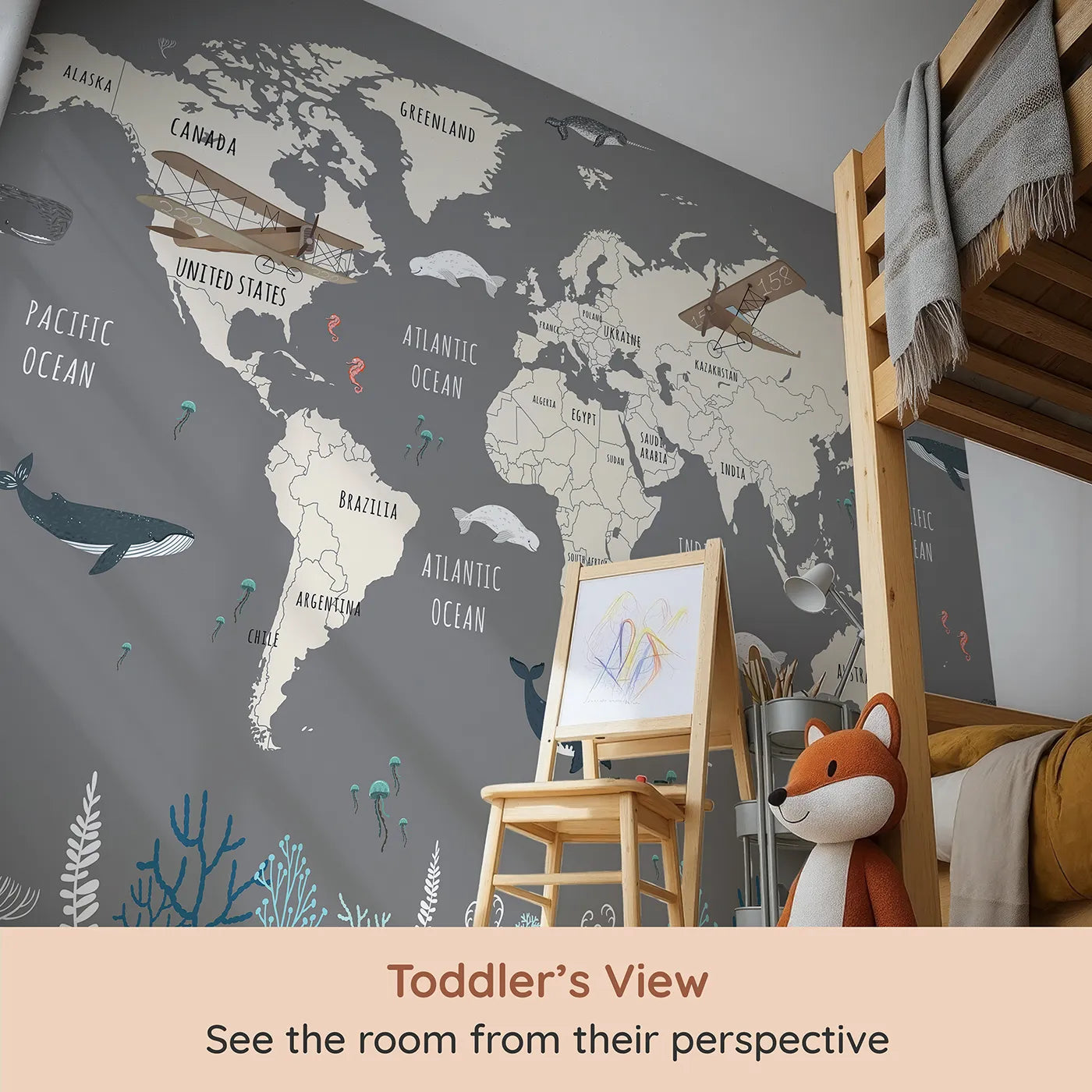 Whimsy Tots Vintage Whale Watcher World Map Wall Mural (Turn Their Room into an Old-World Ocean Expedition) from your child's view.Gender-Neutral