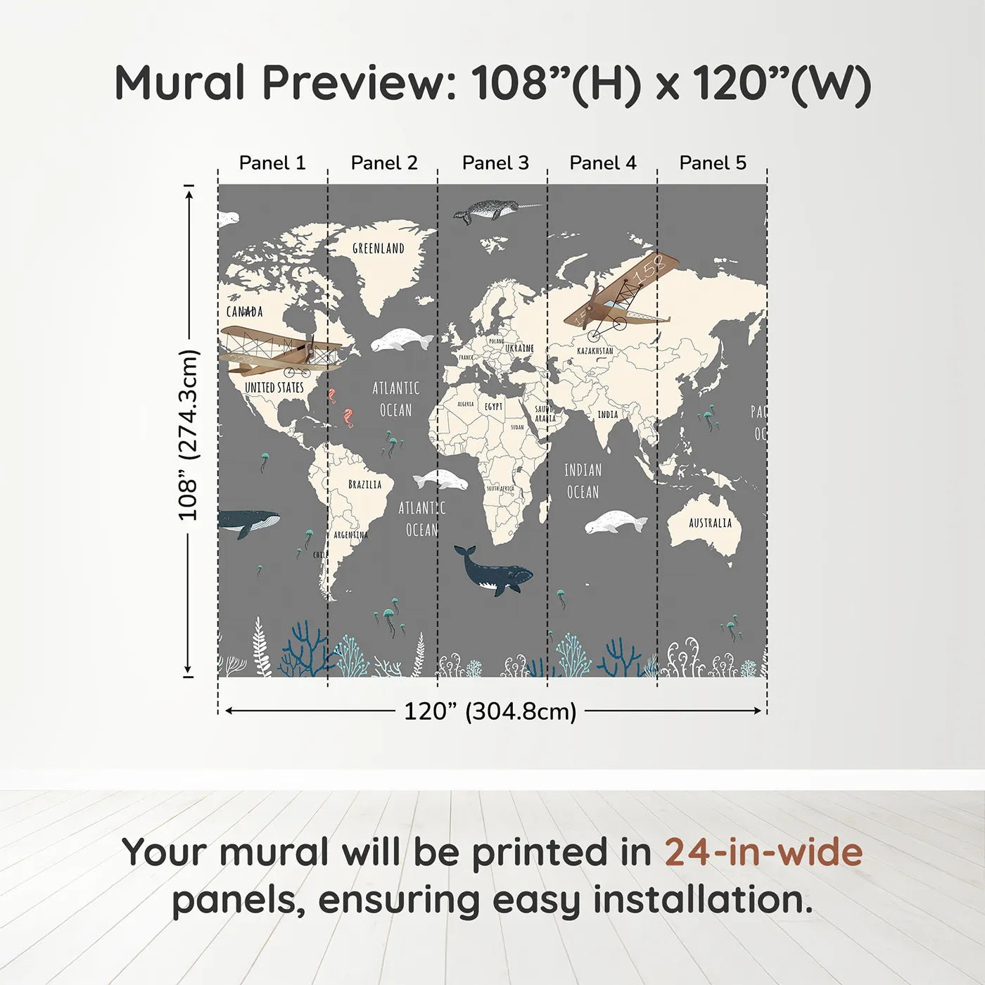 Whimsy Tots Vintage Whale Watcher World Map Wall Muraldimension view (108" H x 120" W). Printed in five 24-inch-wide panels. Gender-Neutral