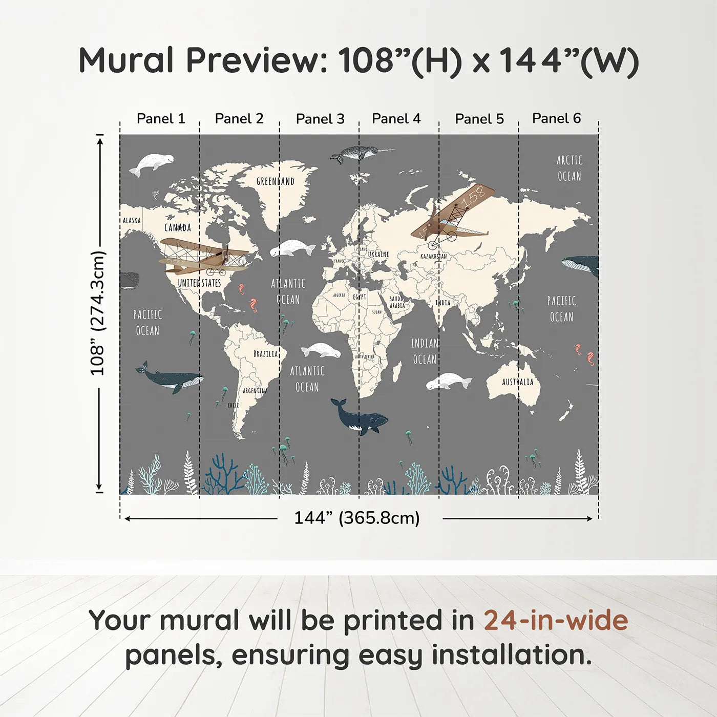 Whimsy Tots Vintage Whale Watcher World Map Wall Muraldimension view (108" H x 144" W). Printed in six 24-inch-wide panels. Gender-Neutral