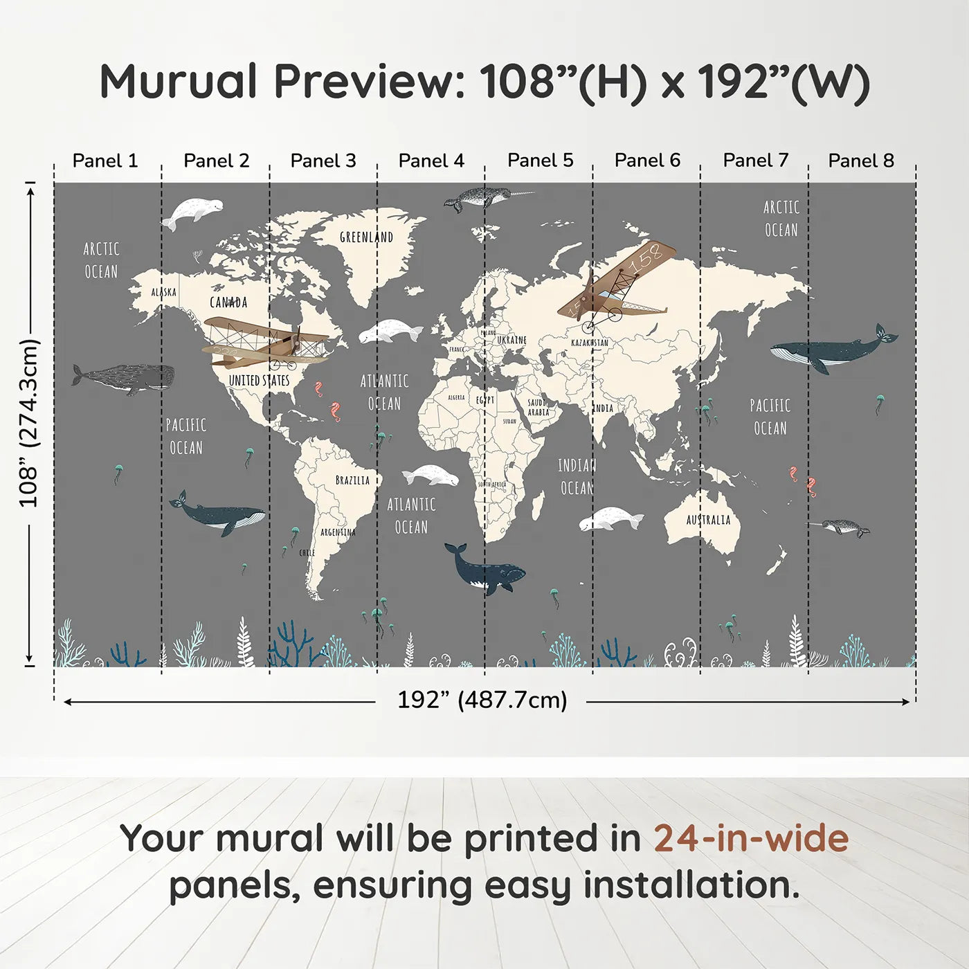 Whimsy Tots Vintage Whale Watcher World Map Wall Muraldimension view (108" H x 192" W). Printed in eight 24-inch-wide panels. Gender-Neutral