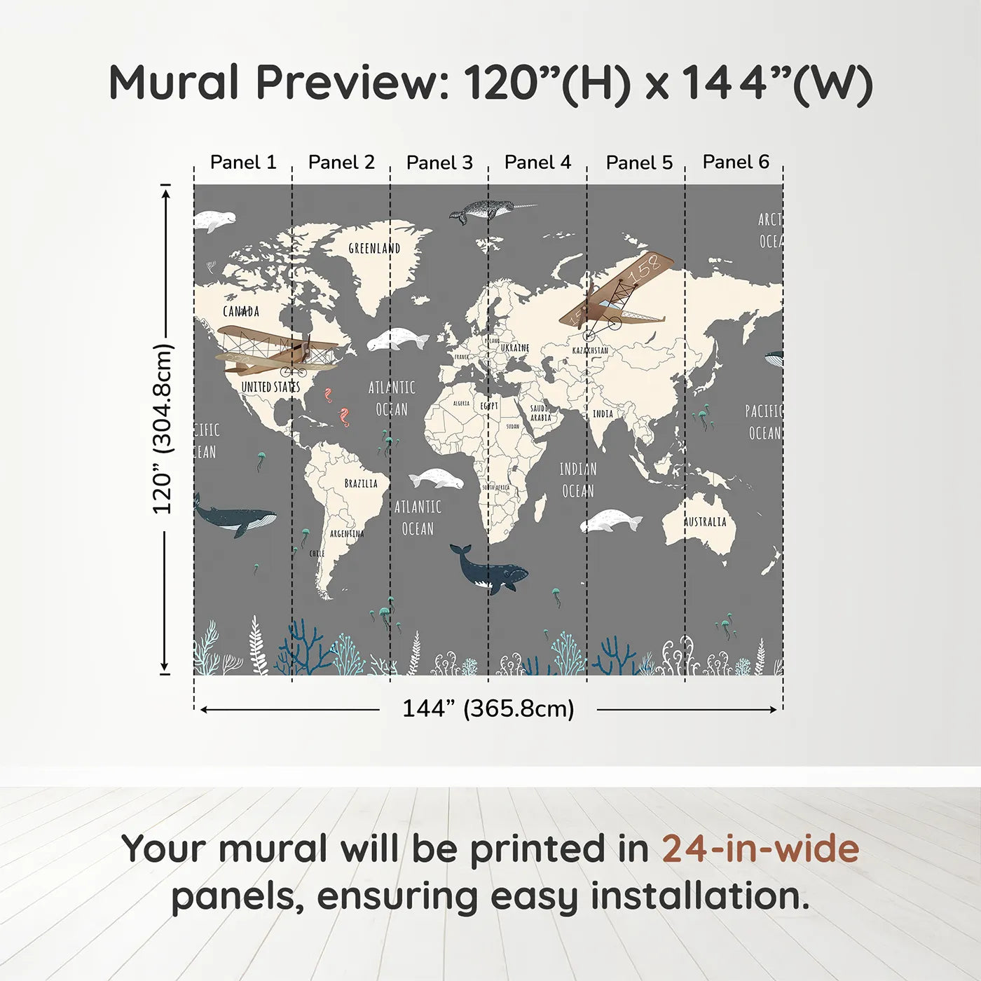 Whimsy Tots Vintage Whale Watcher World Map Wall Muraldimension view (120" H x 144" W). Printed in six 24-inch-wide panels. Gender-Neutral