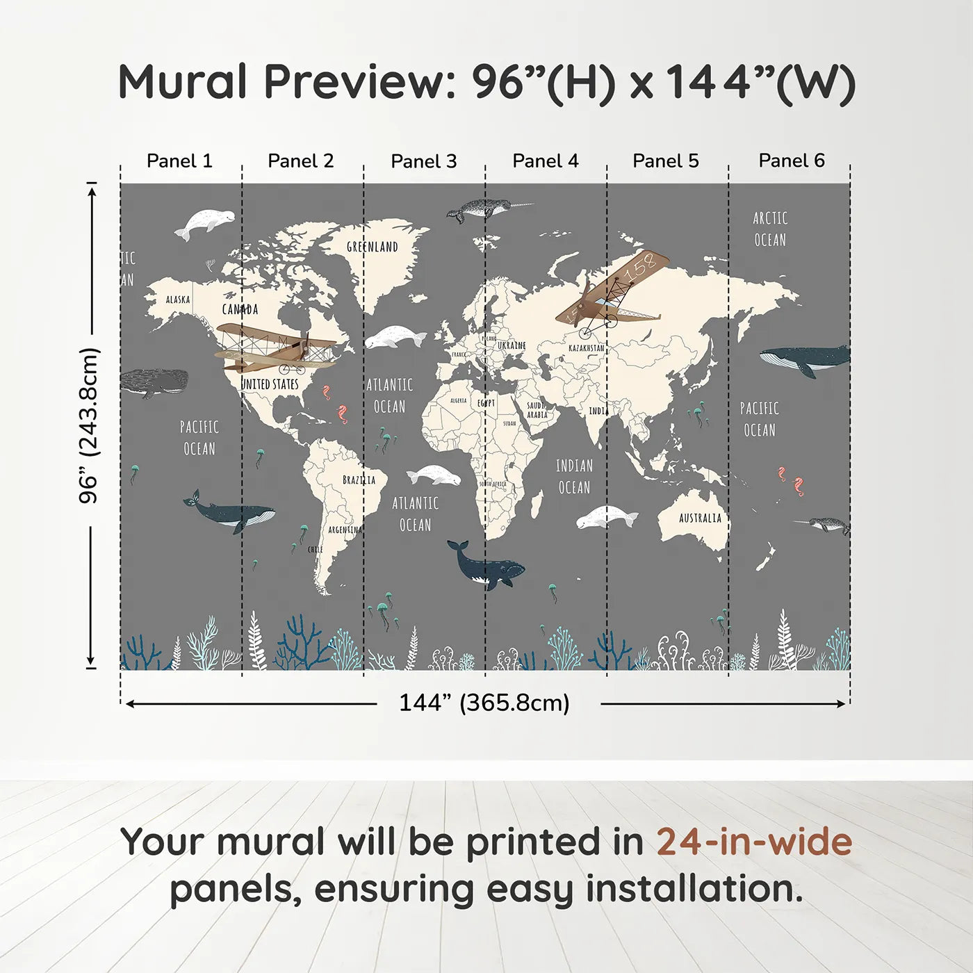 Whimsy Tots Vintage Whale Watcher World Map Wall Muraldimension view (96" H x 144" W). Printed in six 24-inch-wide panels. Gender-Neutral