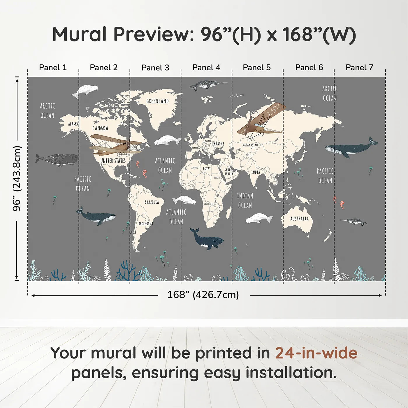 Whimsy Tots Vintage Whale Watcher World Map Wall Muraldimension view (96" H x 168" W). Printed in seven 24-inch-wide panels. Gender-Neutral