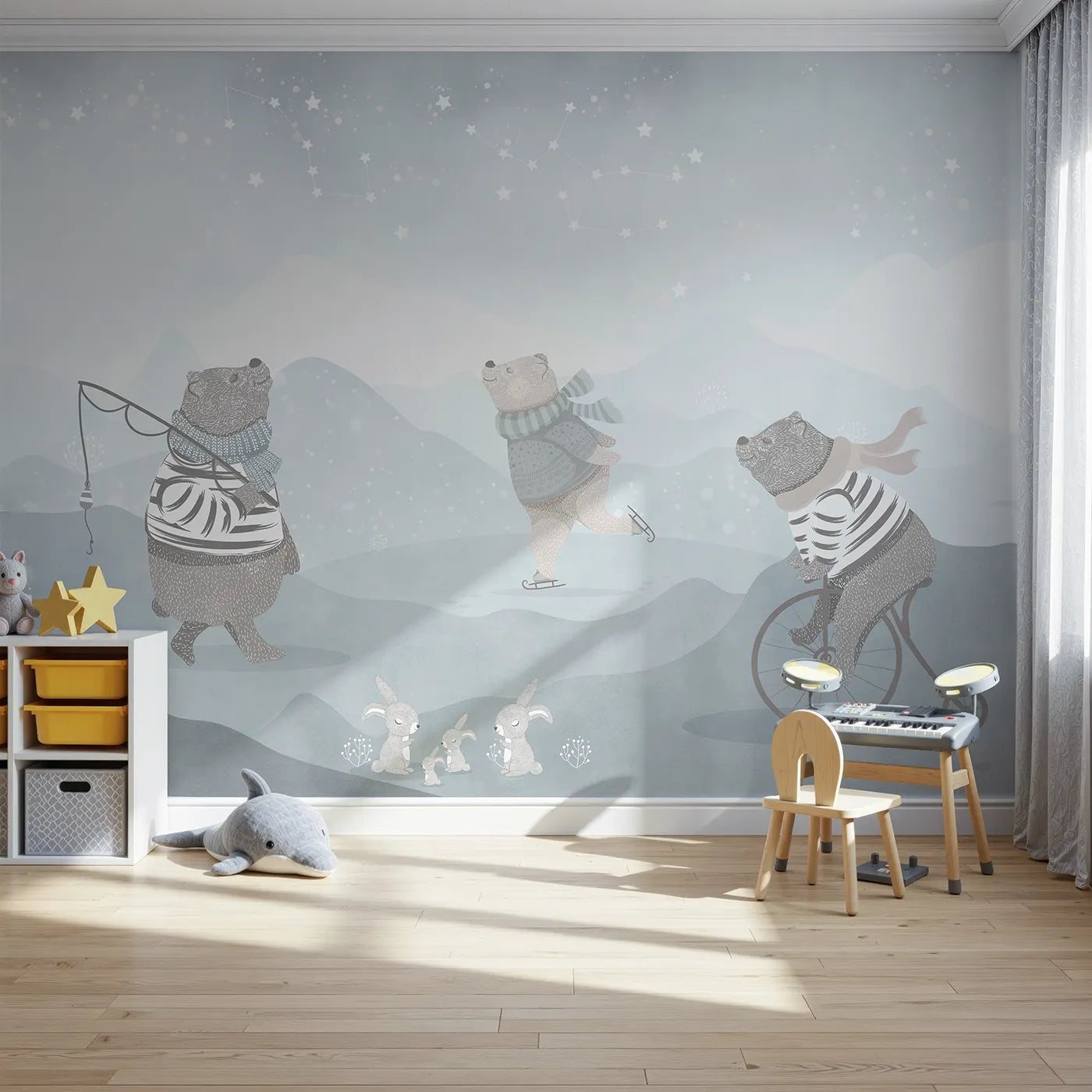 Front view of Whimsy Tots' Winter Games in the Woods Wall Mural