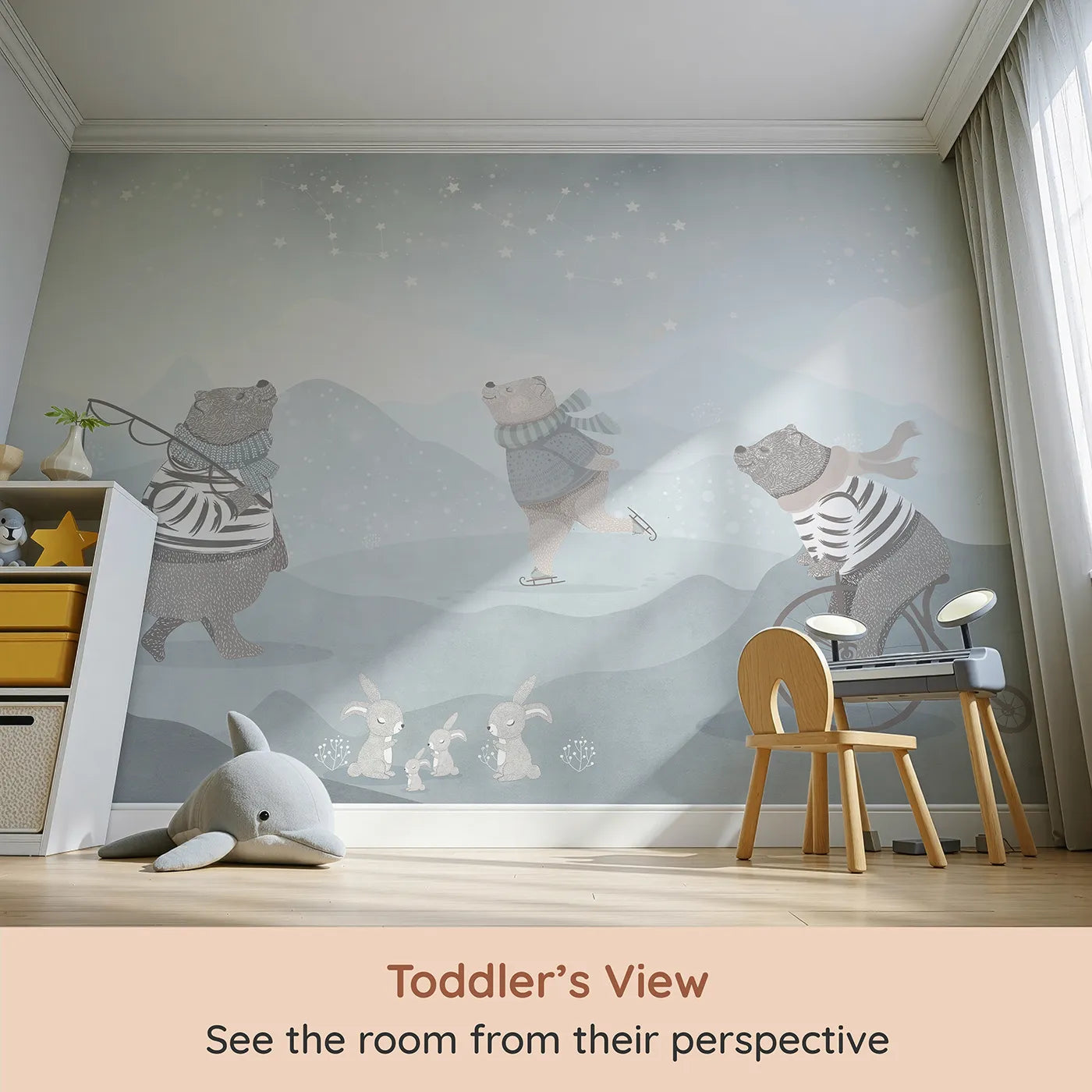 Whimsy Tots Winter Games in the Woods Wall Mural (Turn Their Room into a Whimsical Winter Playground) from your child's view.Gender-Neutral