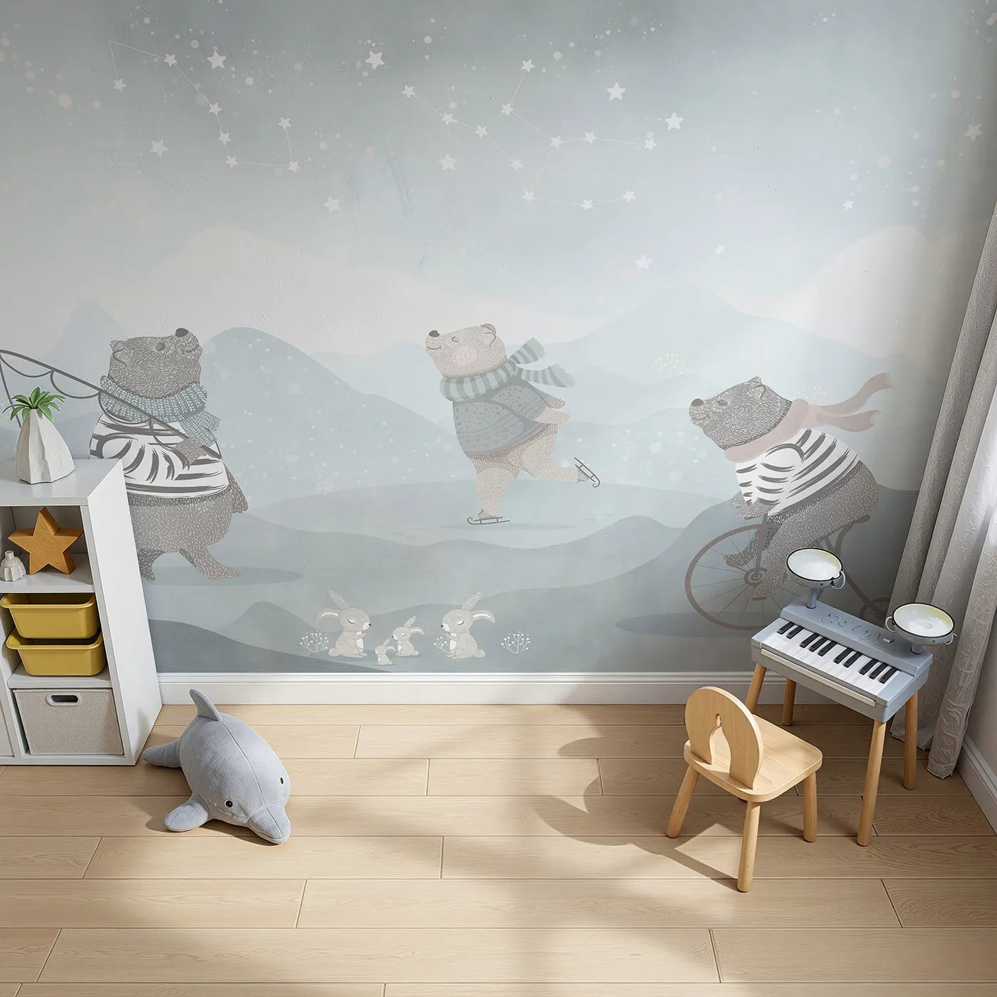 Top-down view of Whimsy Tots' Winter Games in the Woods Wall Mural (Turn Their Room into a Whimsical Winter Playground).Gender-Neutral