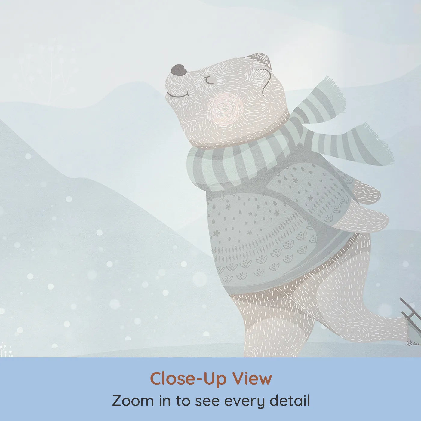 Close-up view of Whimsy Tots' Winter Games in the Woods Wall Mural (Turn Their Room into a Whimsical Winter Playground).Gender-Neutral
