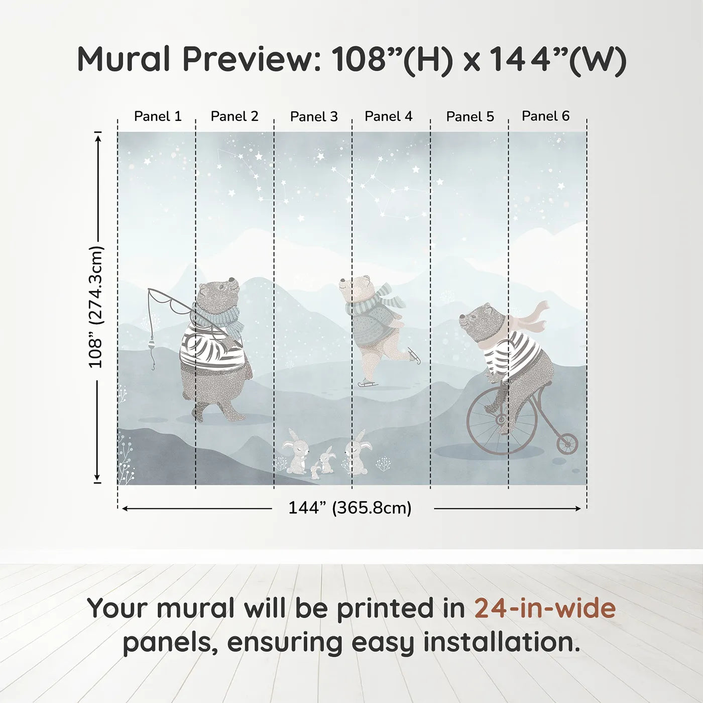 Whimsy Tots Winter Games in the Woods Wall Muraldimension view (108" H x 144" W). Printed in six 24-inch-wide panels. Gender-Neutral