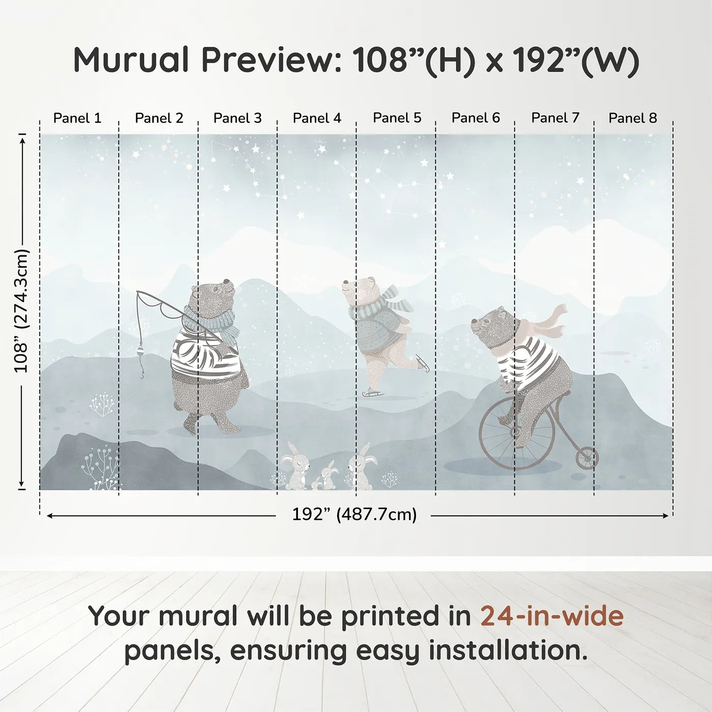 Whimsy Tots Winter Games in the Woods Wall Muraldimension view (108" H x 192" W). Printed in eight 24-inch-wide panels. Gender-Neutral