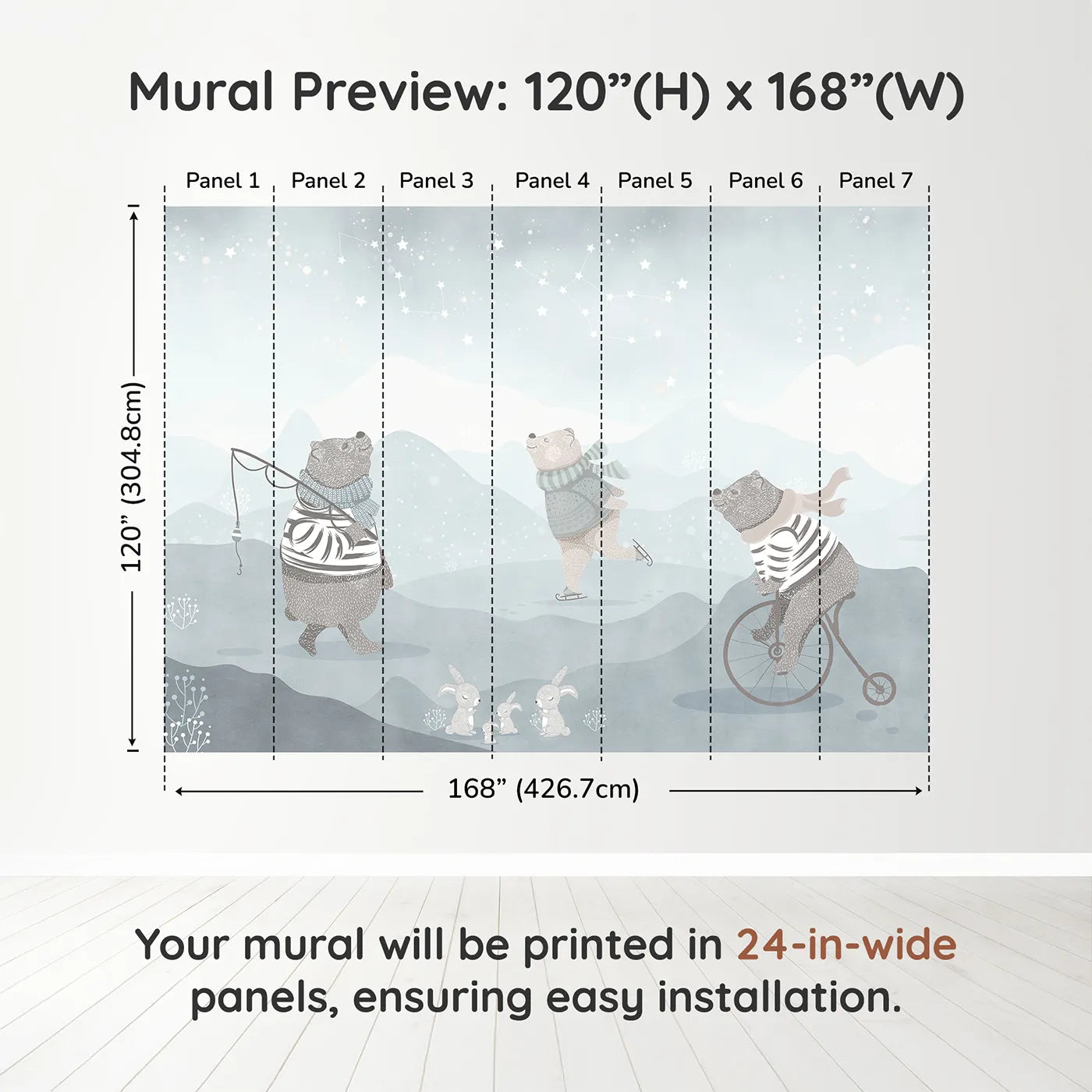 Whimsy Tots Winter Games in the Woods Wall Muraldimension view (120" H x 168" W). Printed in seven 24-inch-wide panels. Gender-Neutral