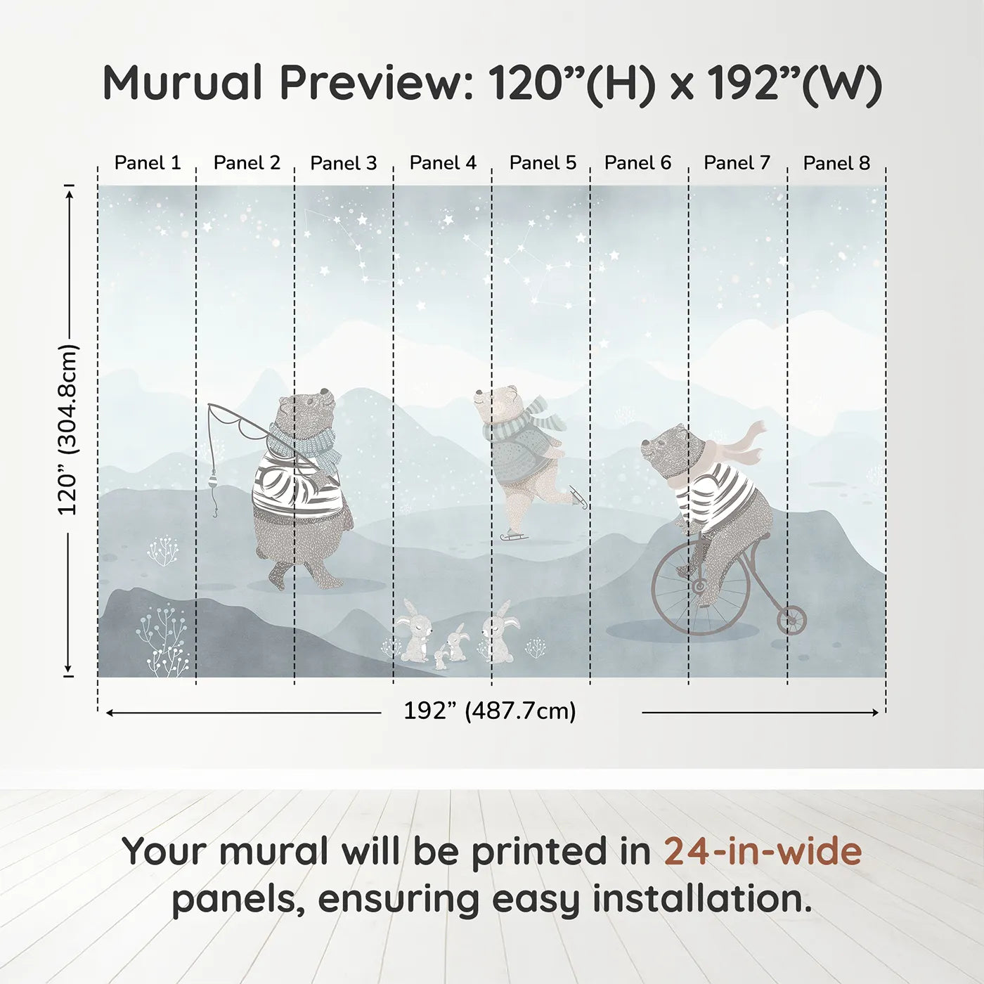 Whimsy Tots Winter Games in the Woods Wall Muraldimension view (120" H x 192" W). Printed in eight 24-inch-wide panels. Gender-Neutral