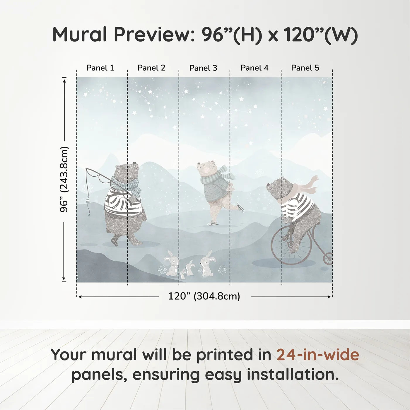 Whimsy Tots Winter Games in the Woods Wall Muraldimension view (96" H x 120" W). Printed in five 24-inch-wide panels. Gender-Neutral