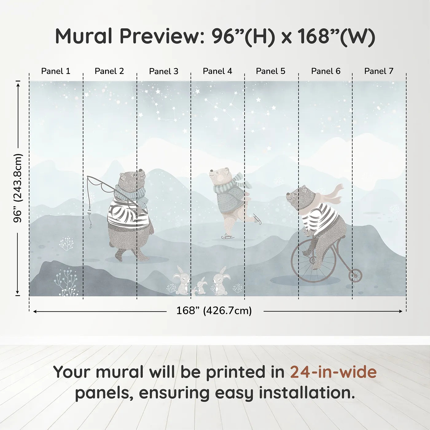 Whimsy Tots Winter Games in the Woods Wall Muraldimension view (96" H x 168" W). Printed in seven 24-inch-wide panels. Gender-Neutral