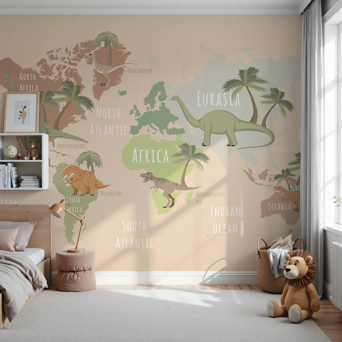 Front view of Whimsy Tots' Neutral Dinosaur World Map Wall Mural