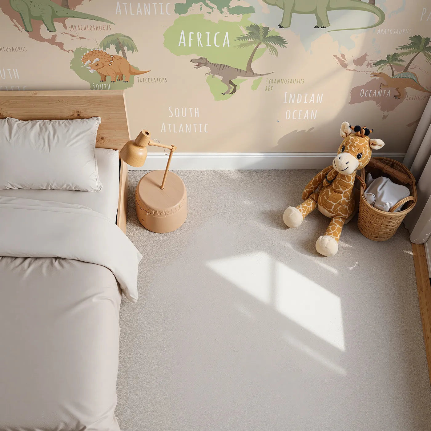 Top-down view of Whimsy Tots' Neutral Dinosaur World Map Wall Mural (Turn Their Room into a Stylish Prehistoric Planet).Gender-Neutral