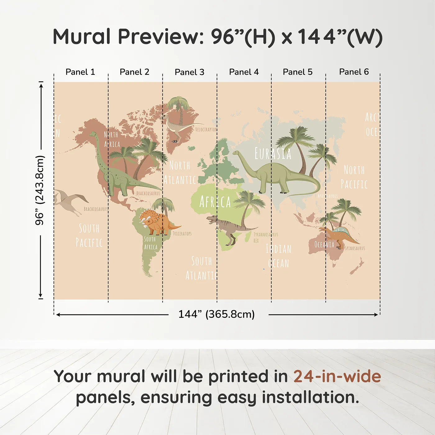 Whimsy Tots Neutral Dinosaur World Map Wall Muraldimension view (96" H x 144" W). Printed in six 24-inch-wide panels. Gender-Neutral