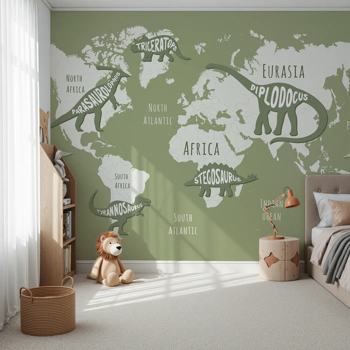 Front view of Whimsy Tots' Dinosaur Typography World Map Wall Mural