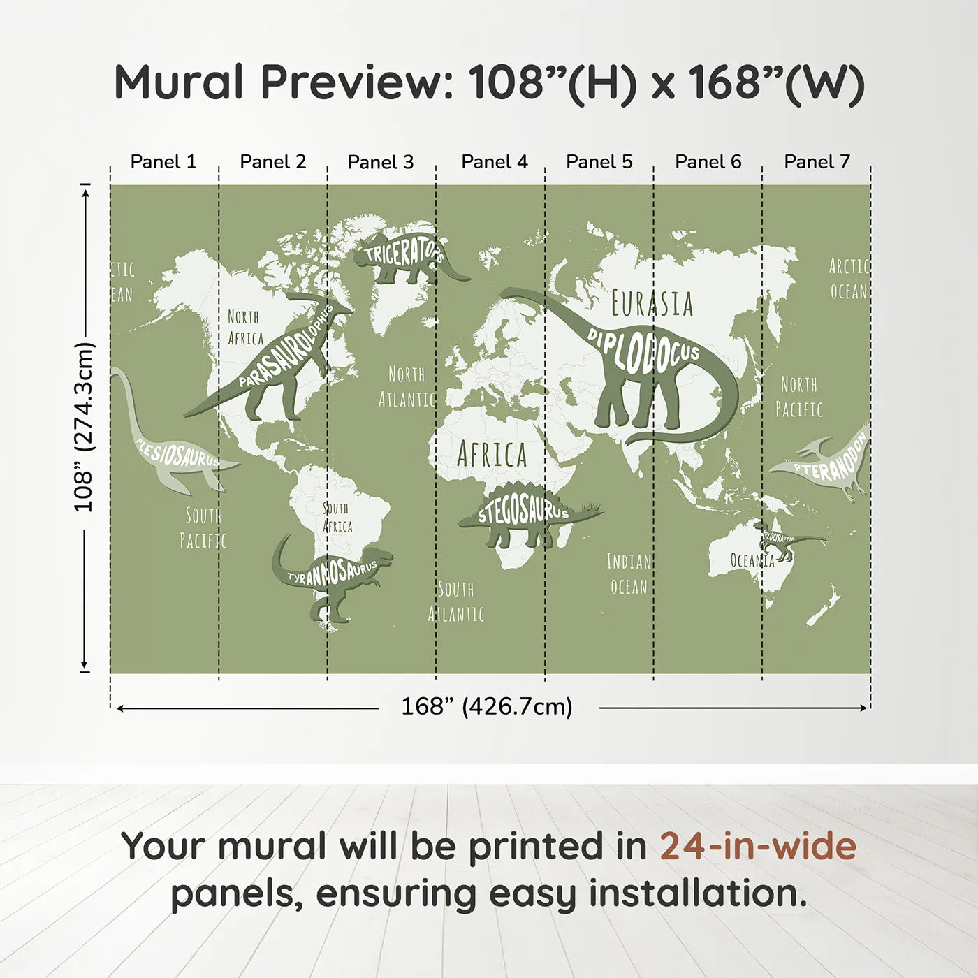 Whimsy Tots Dinosaur Typography World Map Wall Muraldimension view (108" H x 168" W). Printed in seven 24-inch-wide panels. Gender-Neutral