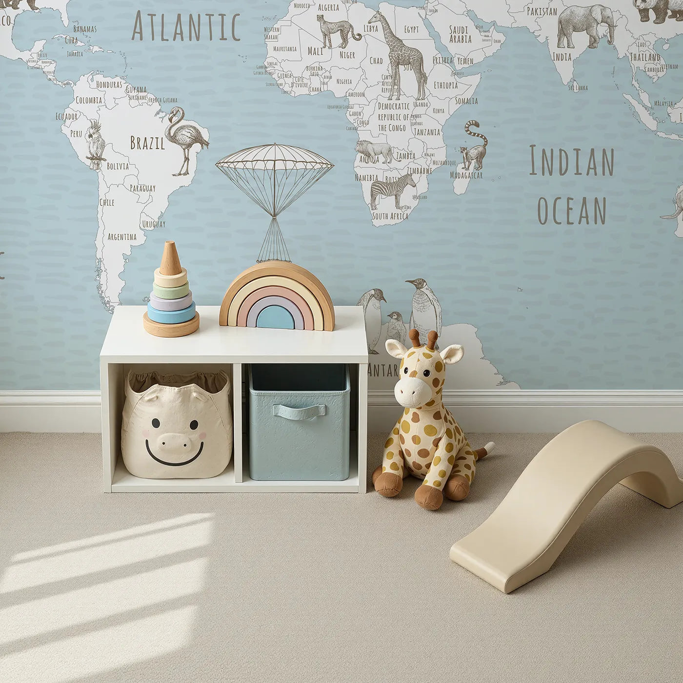 Top-down view of Whimsy Tots' Hand Drawn Animal World Map Wall Mural (Turn Their Room into a Classic Explorer's Sketchbook).Gender-Neutral