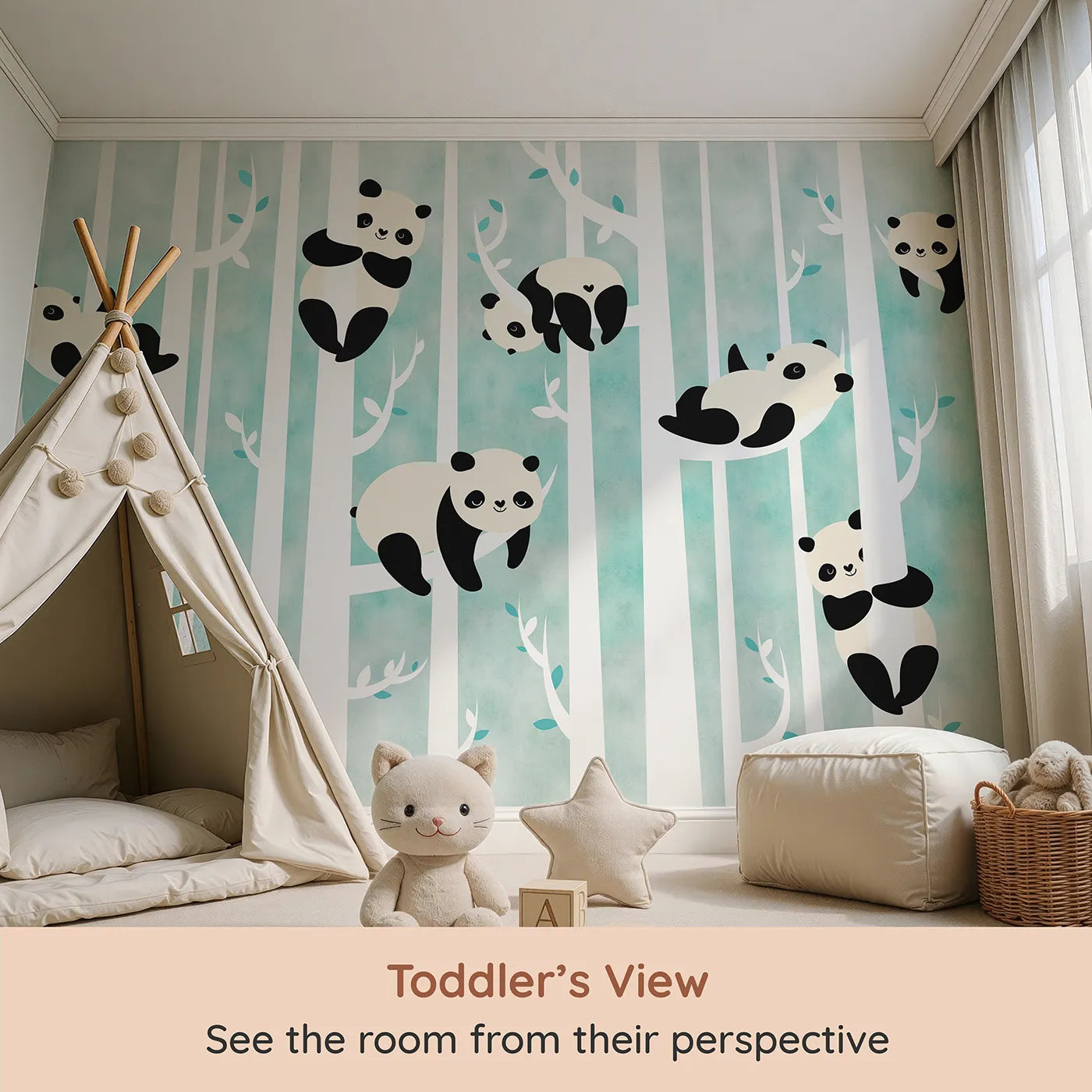 Whimsy Tots Panda Birch Forest Wall Mural (Turn Their Room into the Cutest, Coziest Treetop Hangout) from your child's view.Gender-Neutral