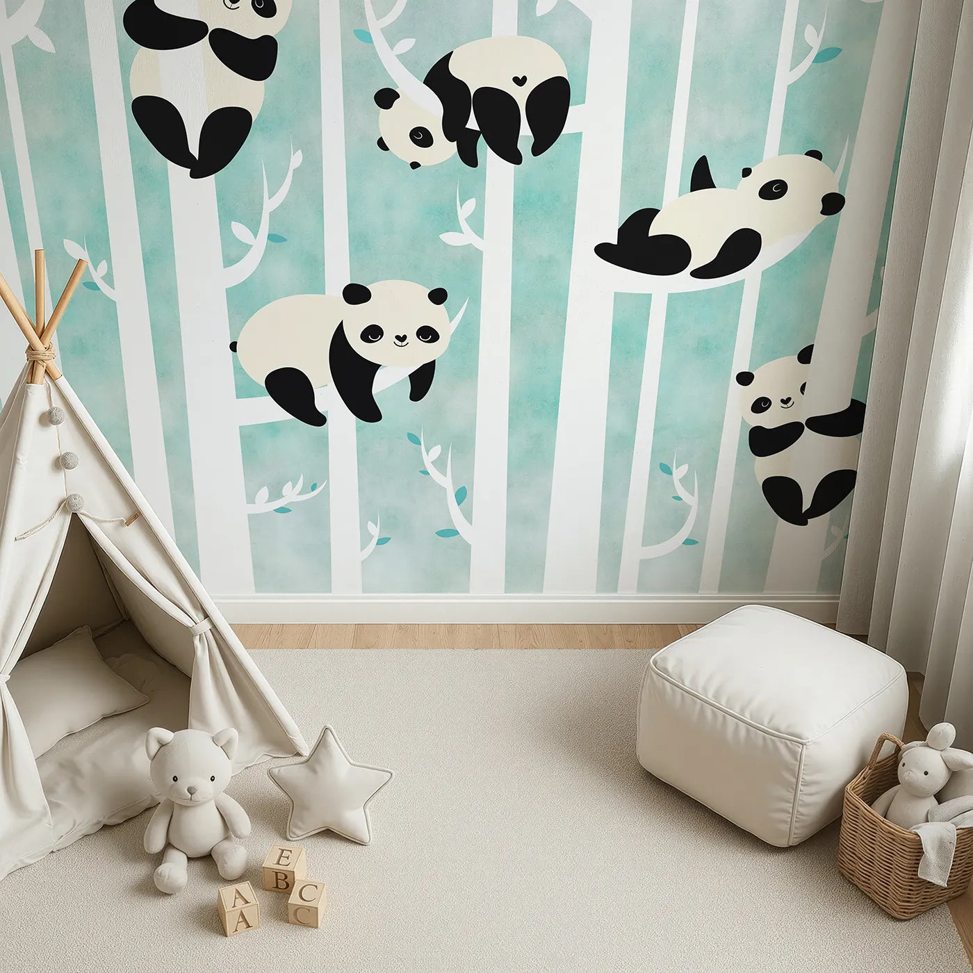 Top-down view of Whimsy Tots' Panda Birch Forest Wall Mural (Turn Their Room into the Cutest, Coziest Treetop Hangout).Gender-Neutral