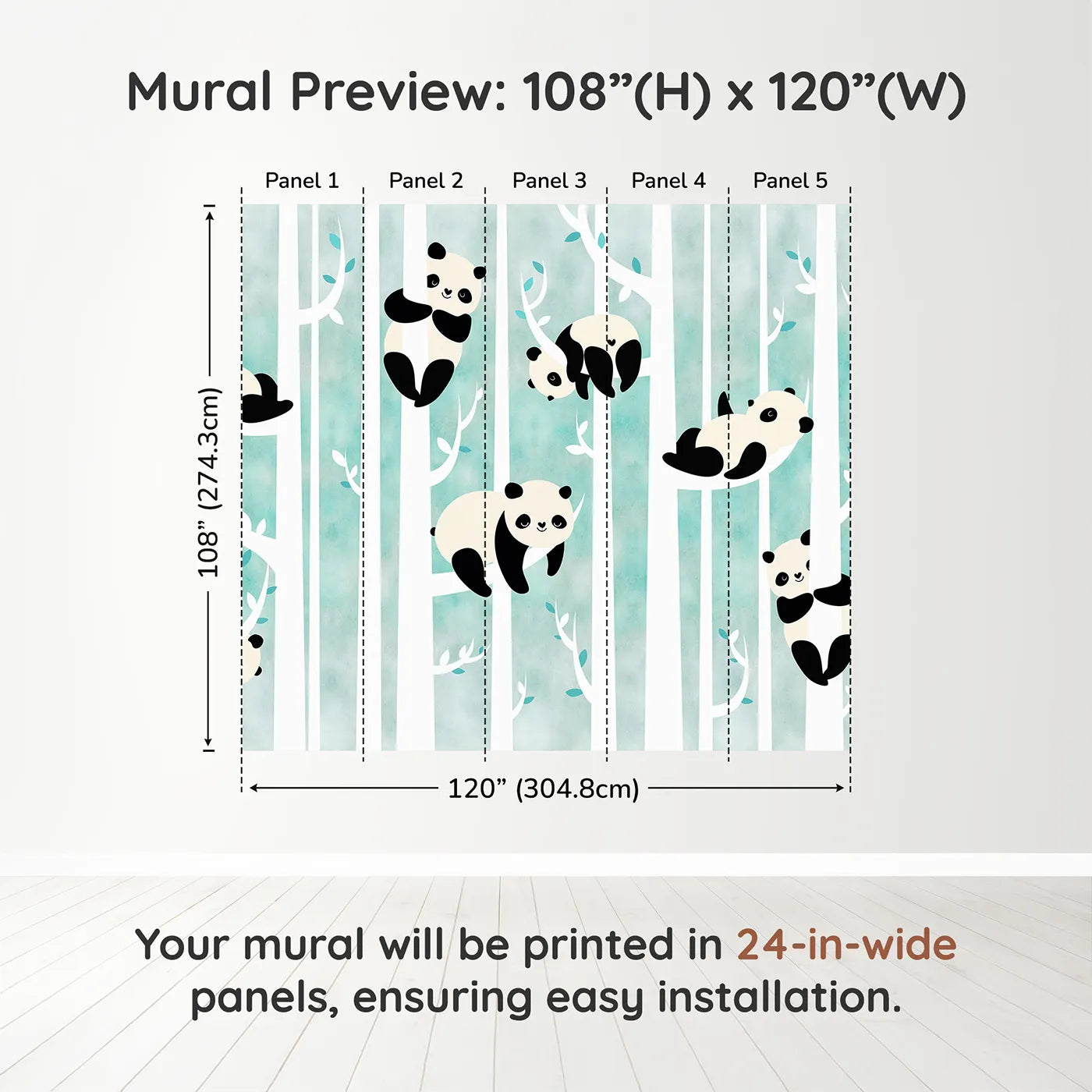 Whimsy Tots Panda Birch Forest Wall Muraldimension view (108" H x 120" W). Printed in five 24-inch-wide panels. Gender-Neutral