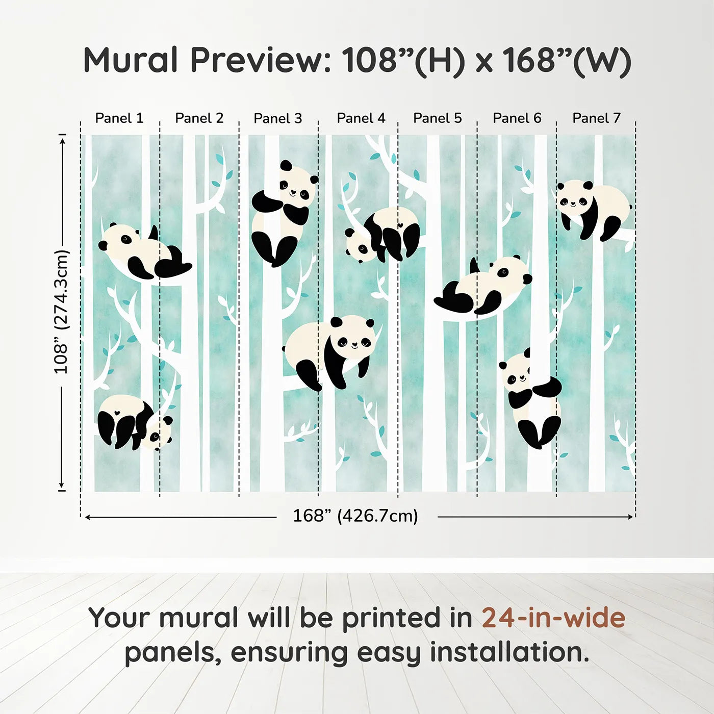 Whimsy Tots Panda Birch Forest Wall Muraldimension view (108" H x 168" W). Printed in seven 24-inch-wide panels. Gender-Neutral