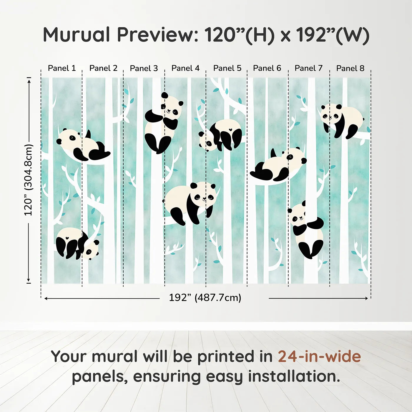 Whimsy Tots Panda Birch Forest Wall Muraldimension view (120" H x 192" W). Printed in eight 24-inch-wide panels. Gender-Neutral