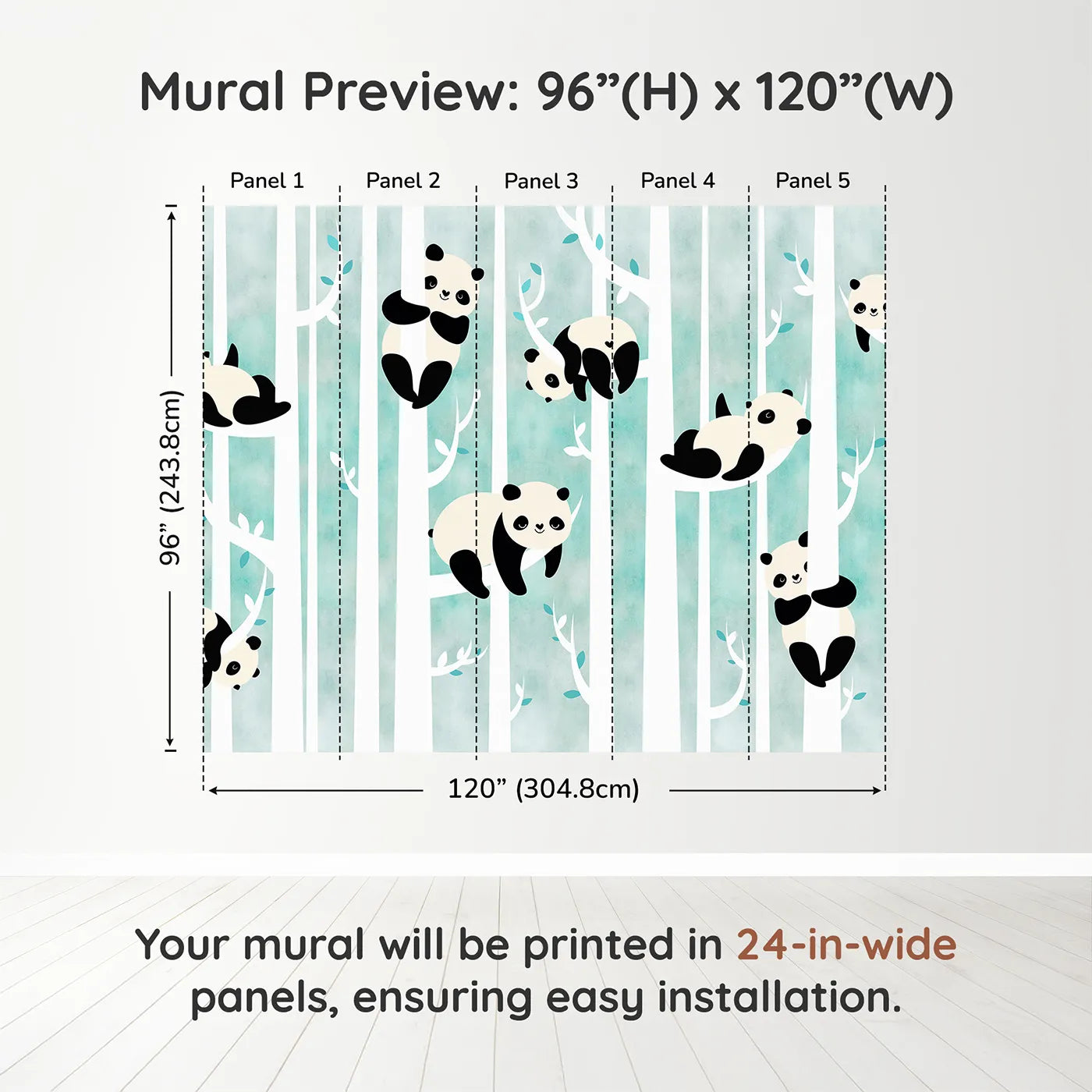 Whimsy Tots Panda Birch Forest Wall Muraldimension view (96" H x 120" W). Printed in five 24-inch-wide panels. Gender-Neutral