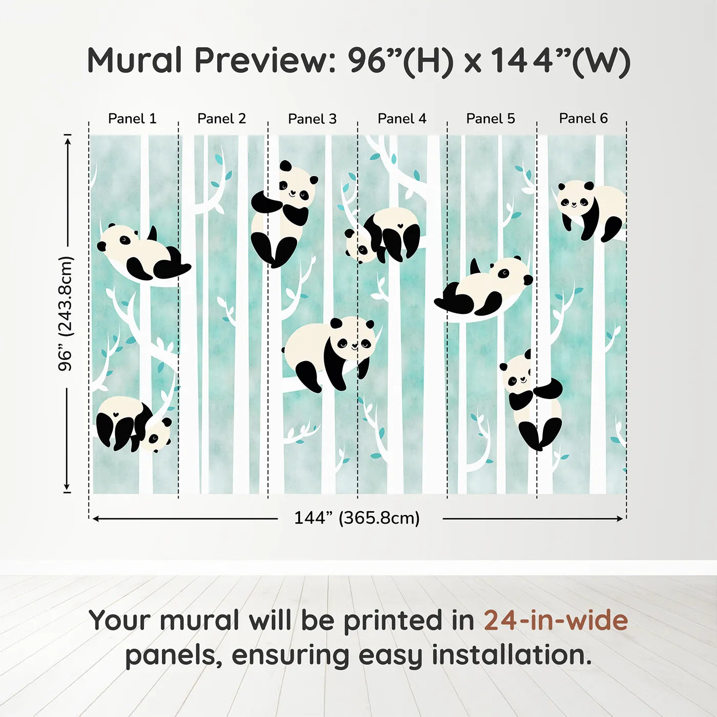 Whimsy Tots Panda Birch Forest Wall Muraldimension view (96" H x 144" W). Printed in six 24-inch-wide panels. Gender-Neutral