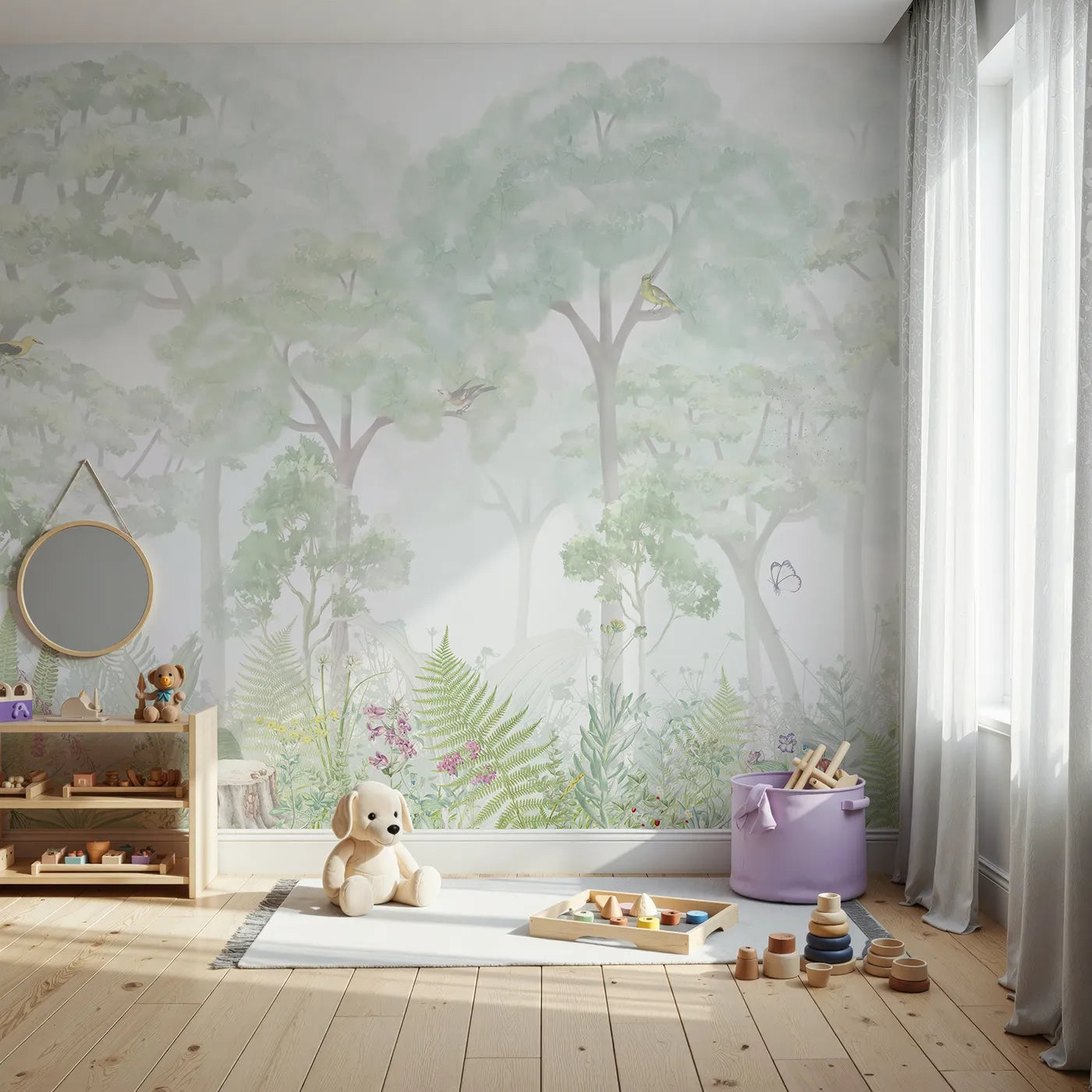 Front view of Whimsy Tots' Misty Wildflower Forest Wall Mural