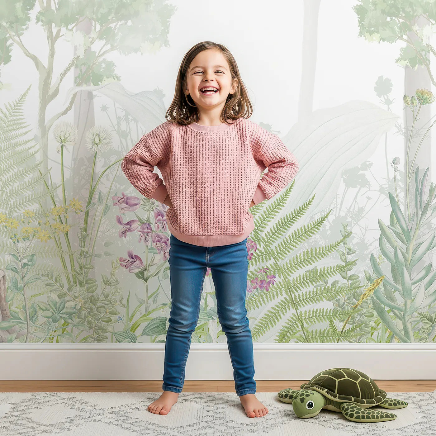 Child in front of Whimsy Tots Misty Wildflower Forest Wall Mural with forest, mist, wildflower, fern, green, ethereal, magical, woods in design.