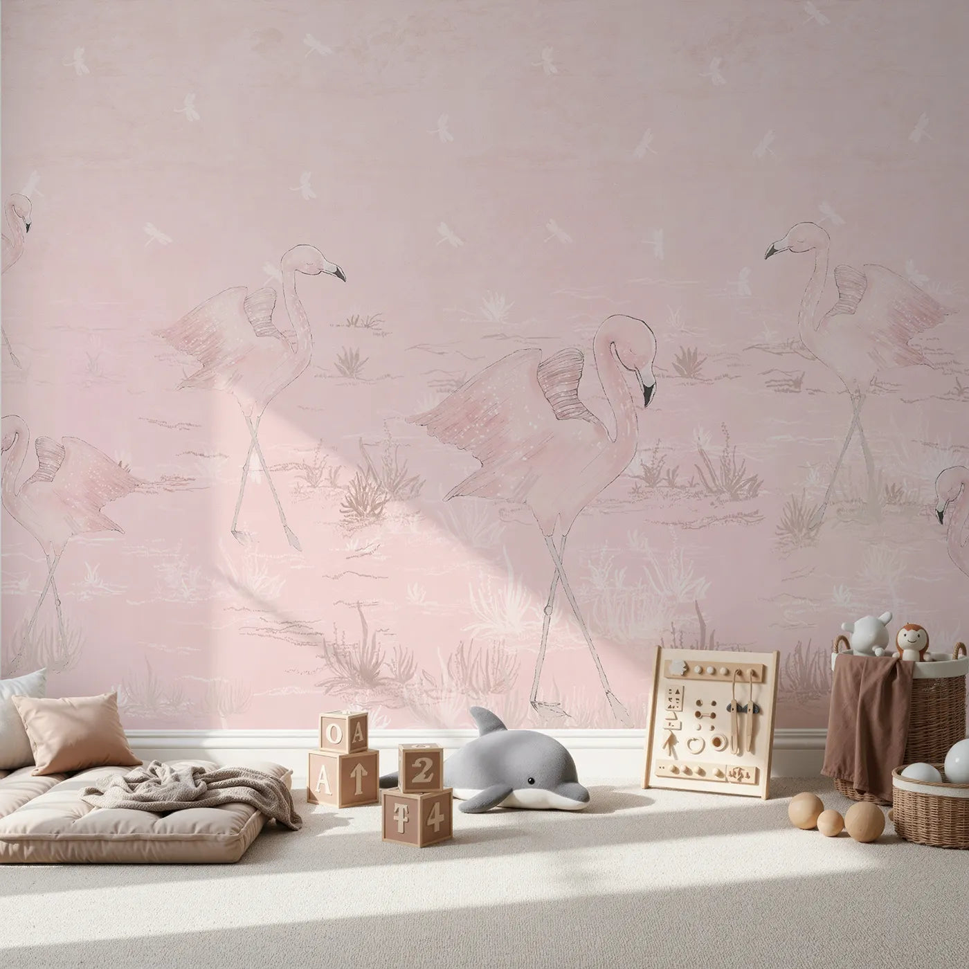 Front view of Whimsy Tots' Pink Flamingo March Wall Mural