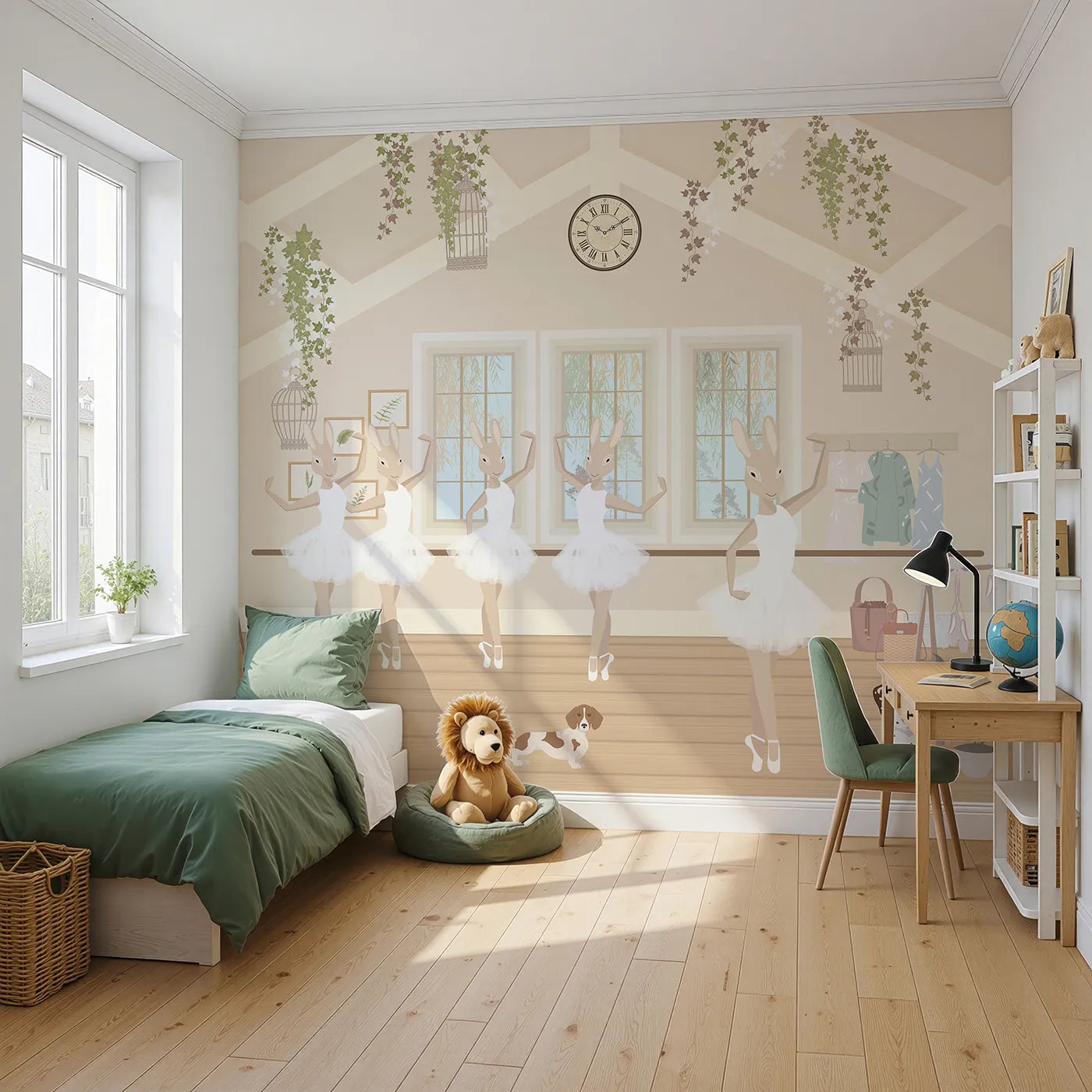 Angled view of Whimsy Tots' Bunny Ballet School Wall Mural (Turn Their Room into the Sweetest, Most Graceful Dance Studio).Best for Girls