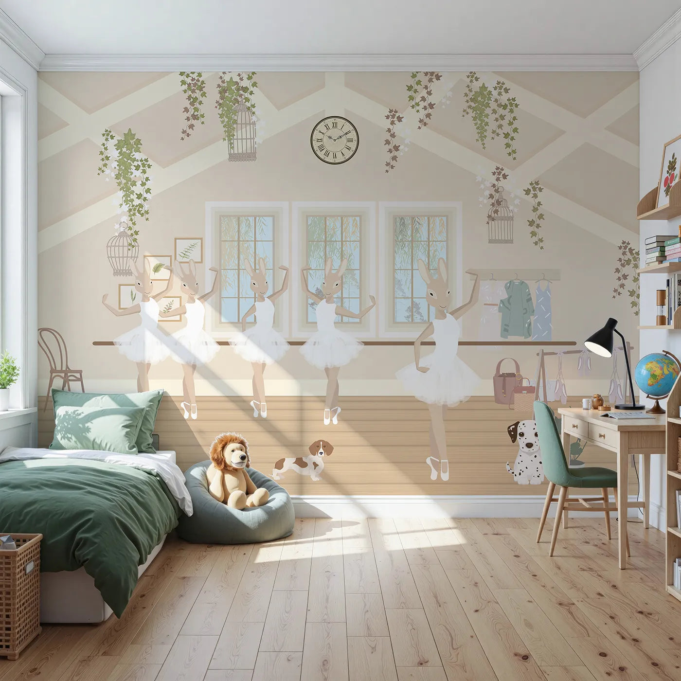 Front view of Whimsy Tots' Bunny Ballet School Wall Mural