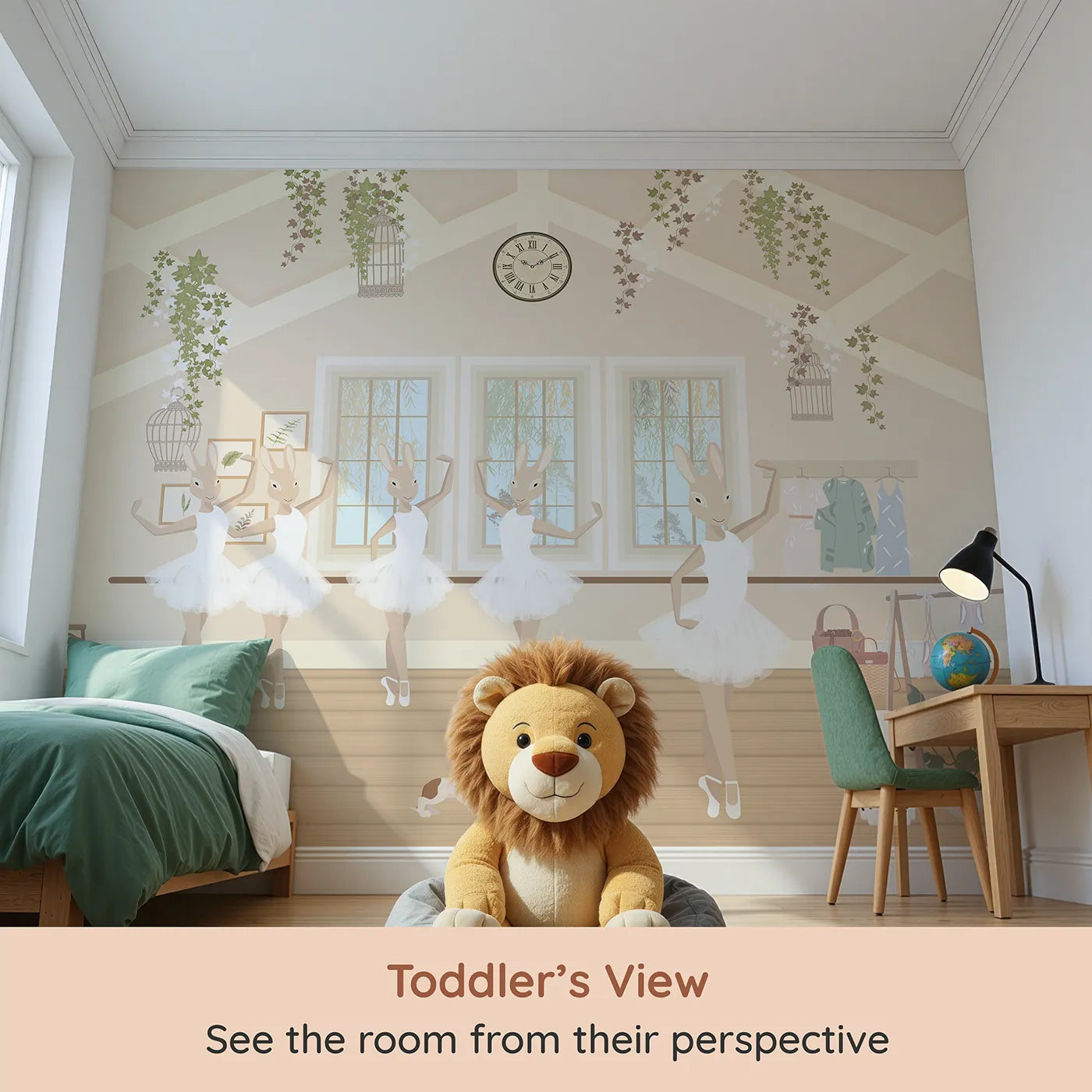 Whimsy Tots Bunny Ballet School Wall Mural (Turn Their Room into the Sweetest, Most Graceful Dance Studio) from your child's view.Best for Girls