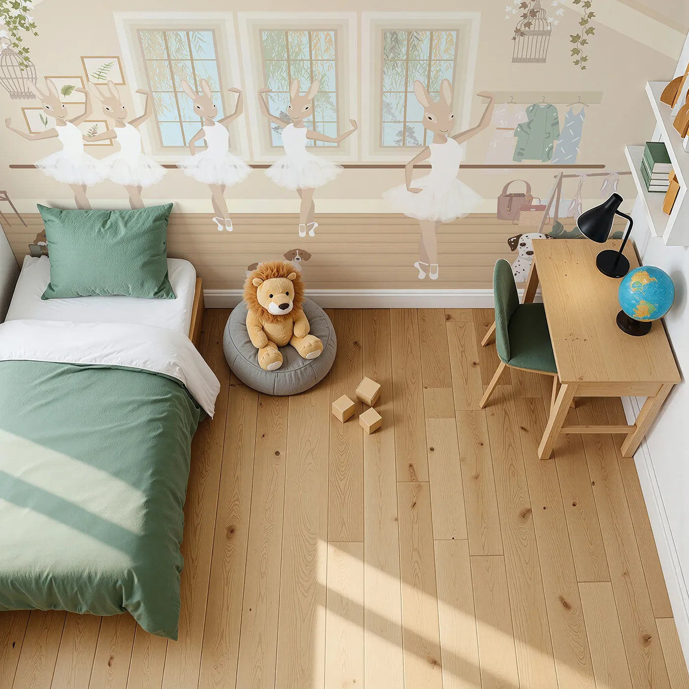 Top-down view of Whimsy Tots' Bunny Ballet School Wall Mural (Turn Their Room into the Sweetest, Most Graceful Dance Studio).Best for Girls