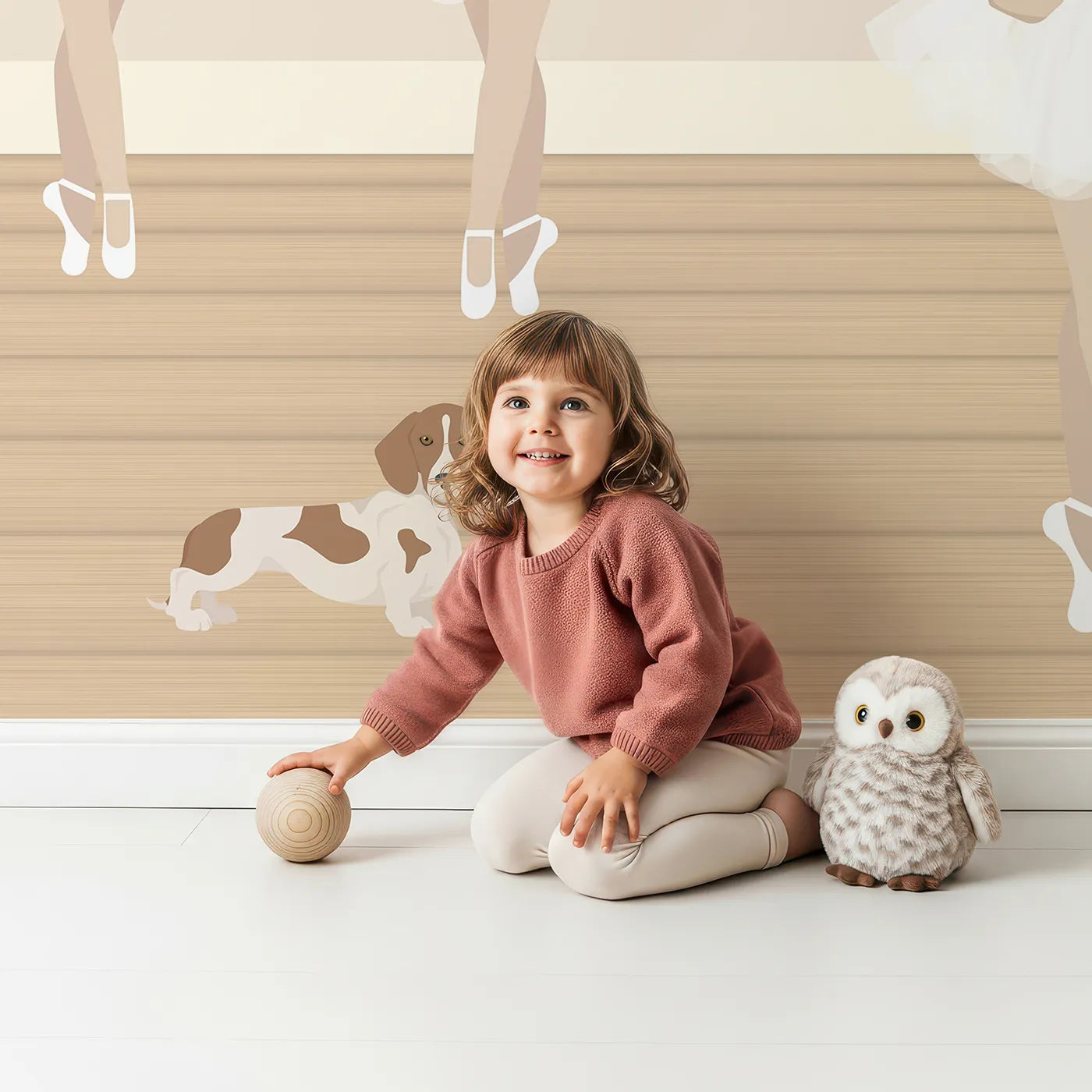 Child in front of Whimsy Tots Bunny Ballet School Wall Mural with bunny, rabbit, ballet, dance, ballerina, cute, dog, studio in design.