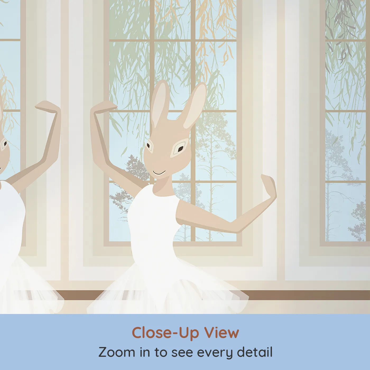 Close-up view of Whimsy Tots' Bunny Ballet School Wall Mural (Turn Their Room into the Sweetest, Most Graceful Dance Studio).Best for Girls