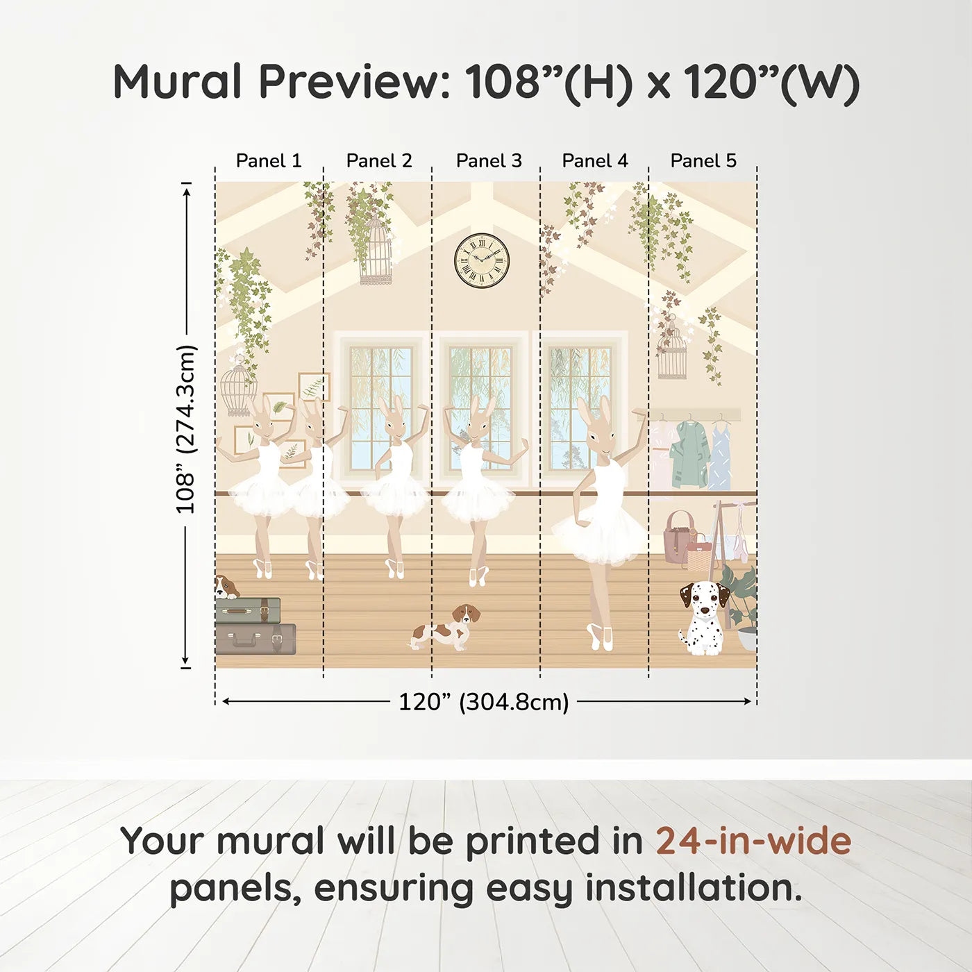 Whimsy Tots Bunny Ballet School Wall Muraldimension view (108" H x 120" W). Printed in five 24-inch-wide panels. Best for Girls