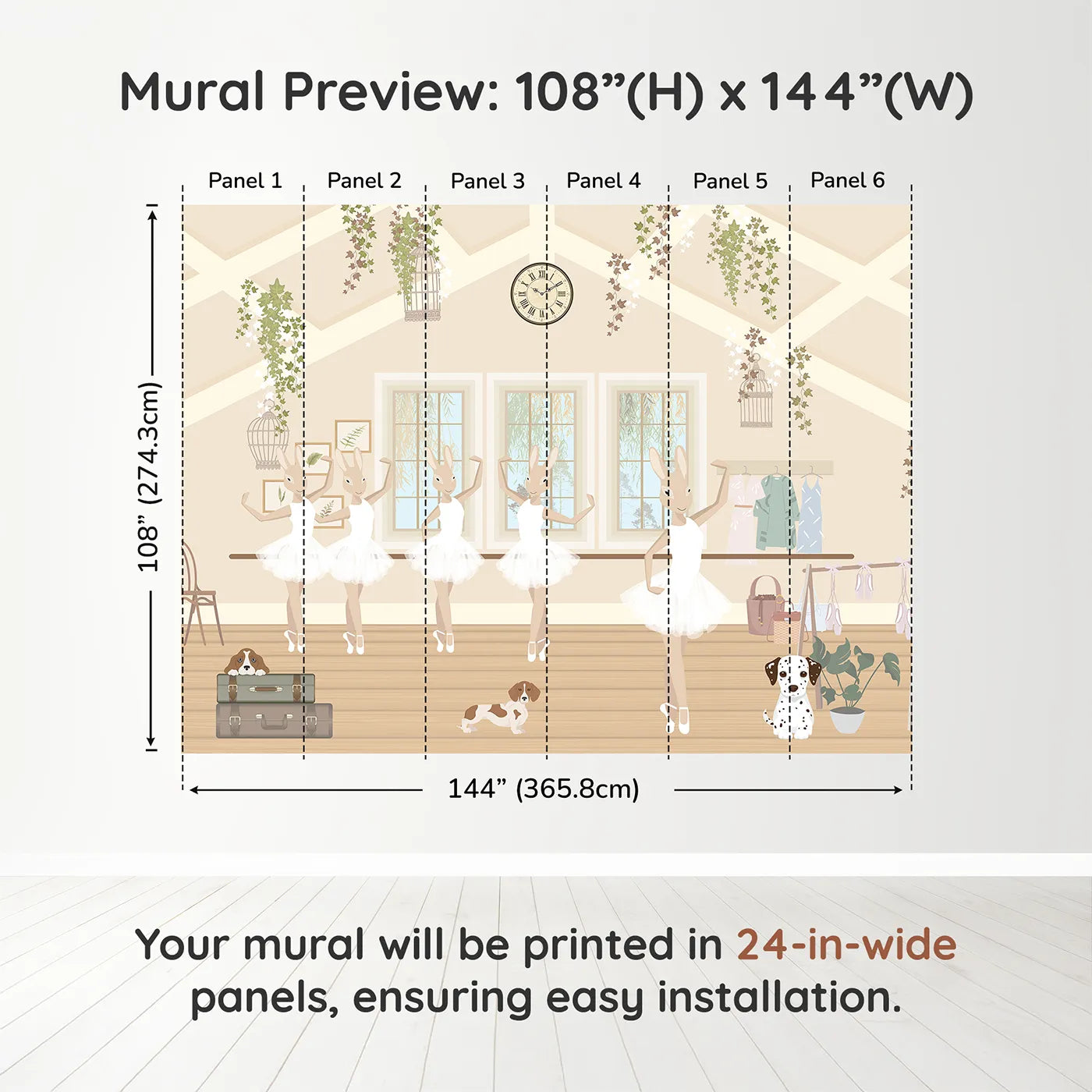 Whimsy Tots Bunny Ballet School Wall Muraldimension view (108" H x 144" W). Printed in six 24-inch-wide panels. Best for Girls