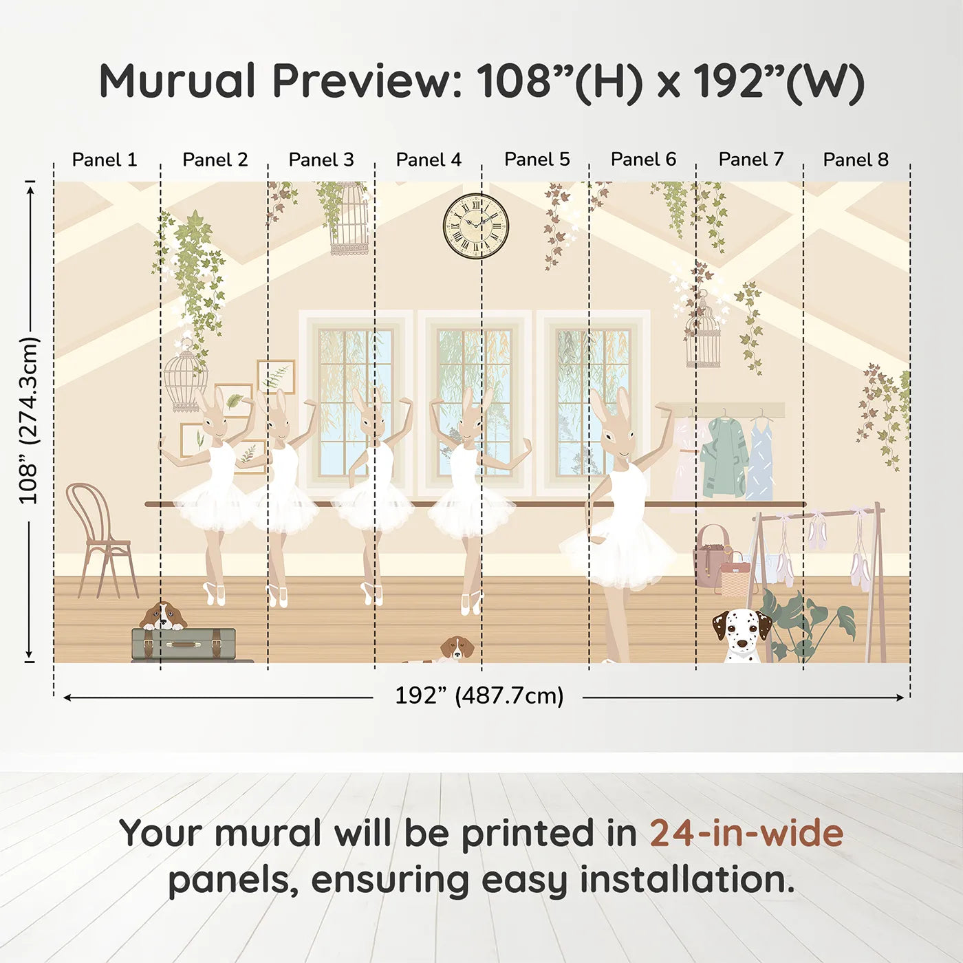 Whimsy Tots Bunny Ballet School Wall Muraldimension view (108" H x 192" W). Printed in eight 24-inch-wide panels. Best for Girls