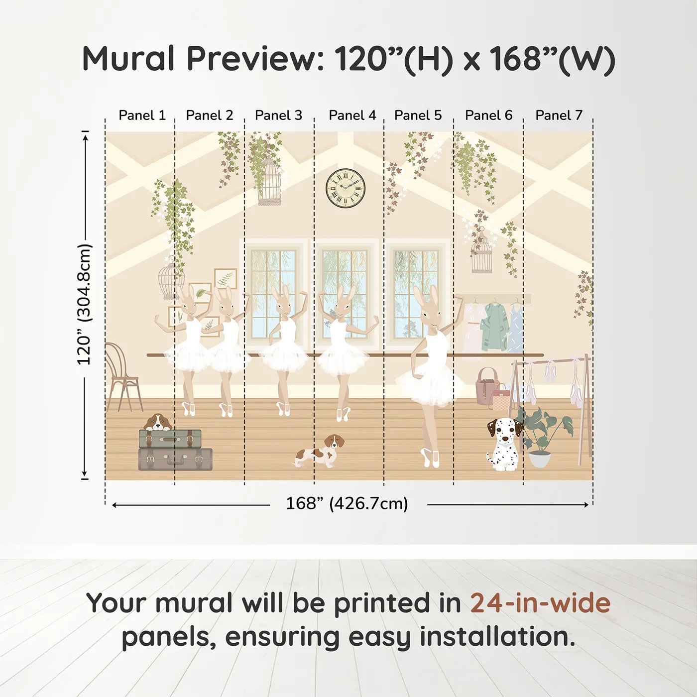 Whimsy Tots Bunny Ballet School Wall Muraldimension view (120" H x 168" W). Printed in seven 24-inch-wide panels. Best for Girls