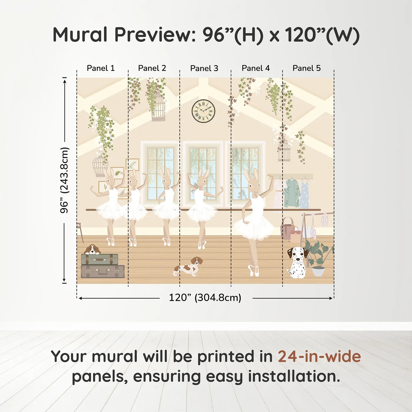 Whimsy Tots Bunny Ballet School Wall Muraldimension view (96" H x 120" W). Printed in five 24-inch-wide panels. Best for Girls