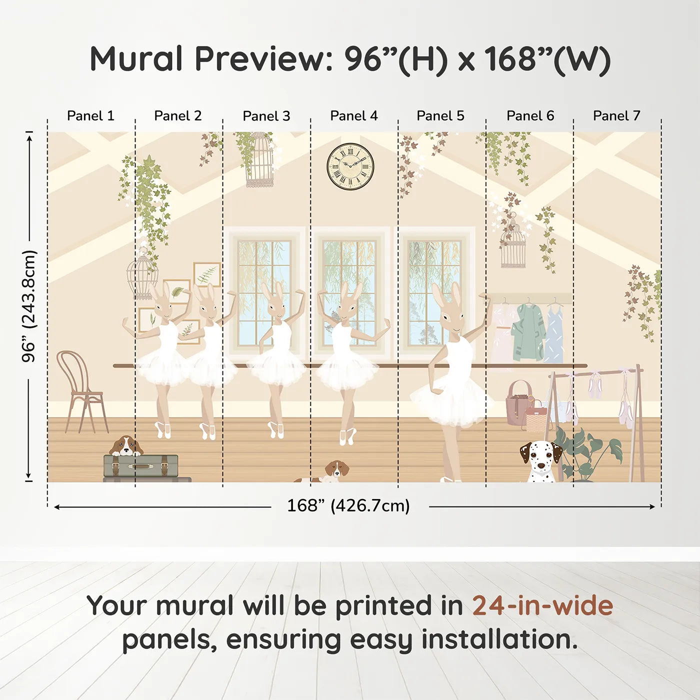Whimsy Tots Bunny Ballet School Wall Muraldimension view (96" H x 168" W). Printed in seven 24-inch-wide panels. Best for Girls
