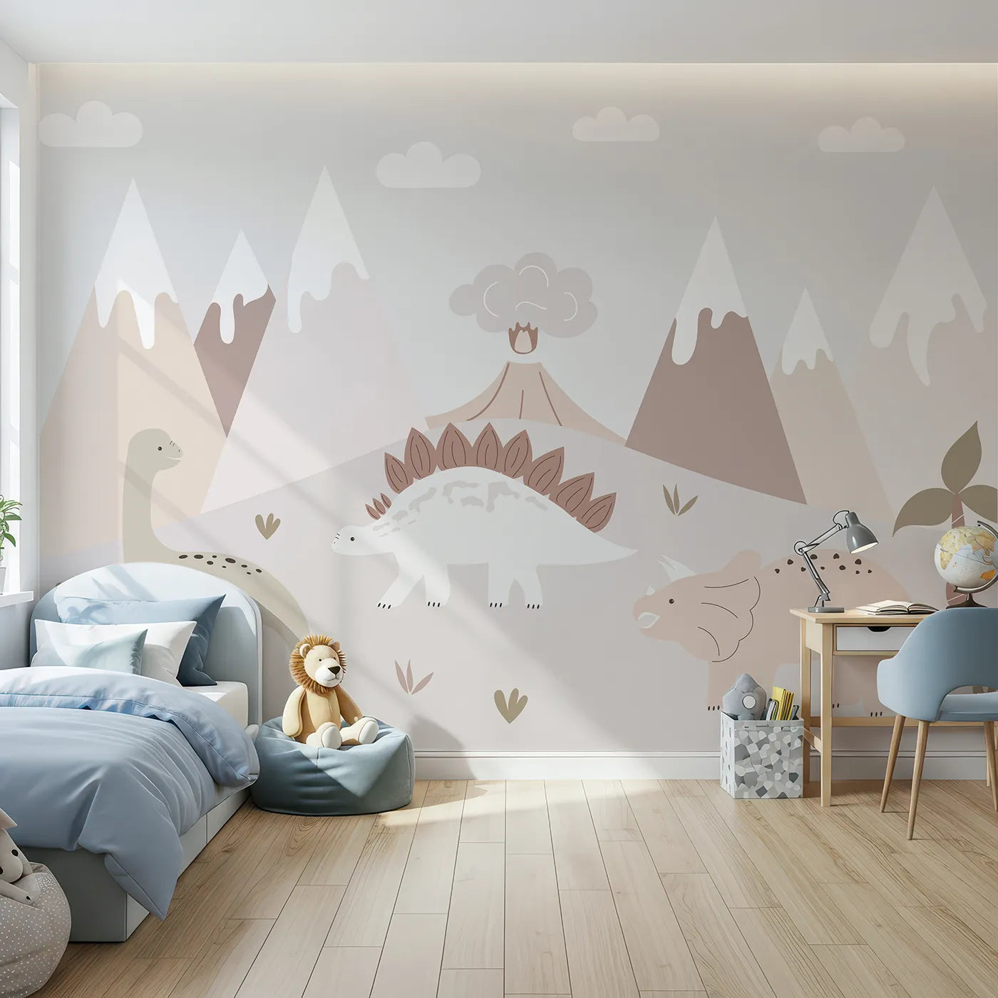Front view of Whimsy Tots' Neutral Dinosaur Valley Wall Mural