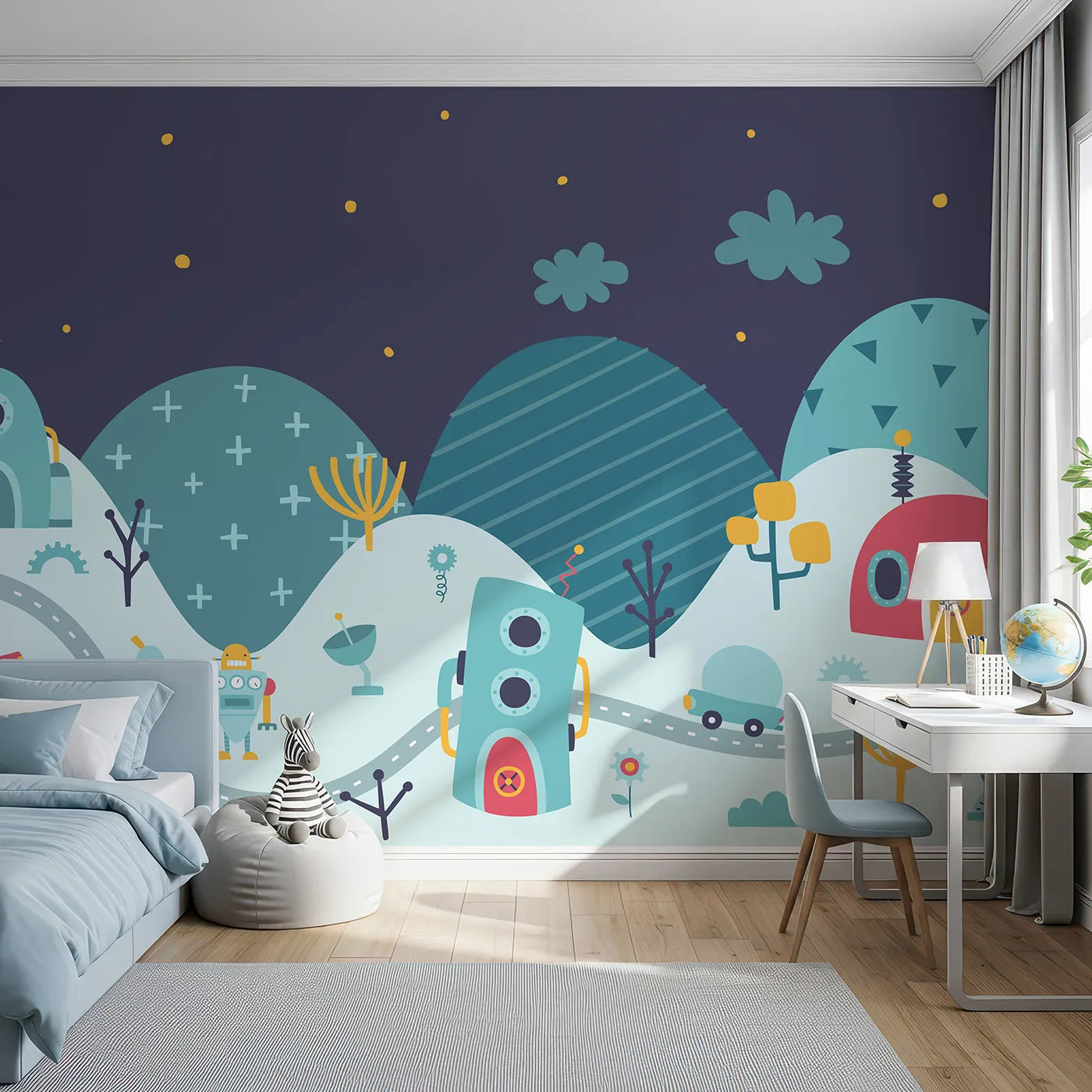 Front view of Whimsy Tots' Robot City Wall Mural